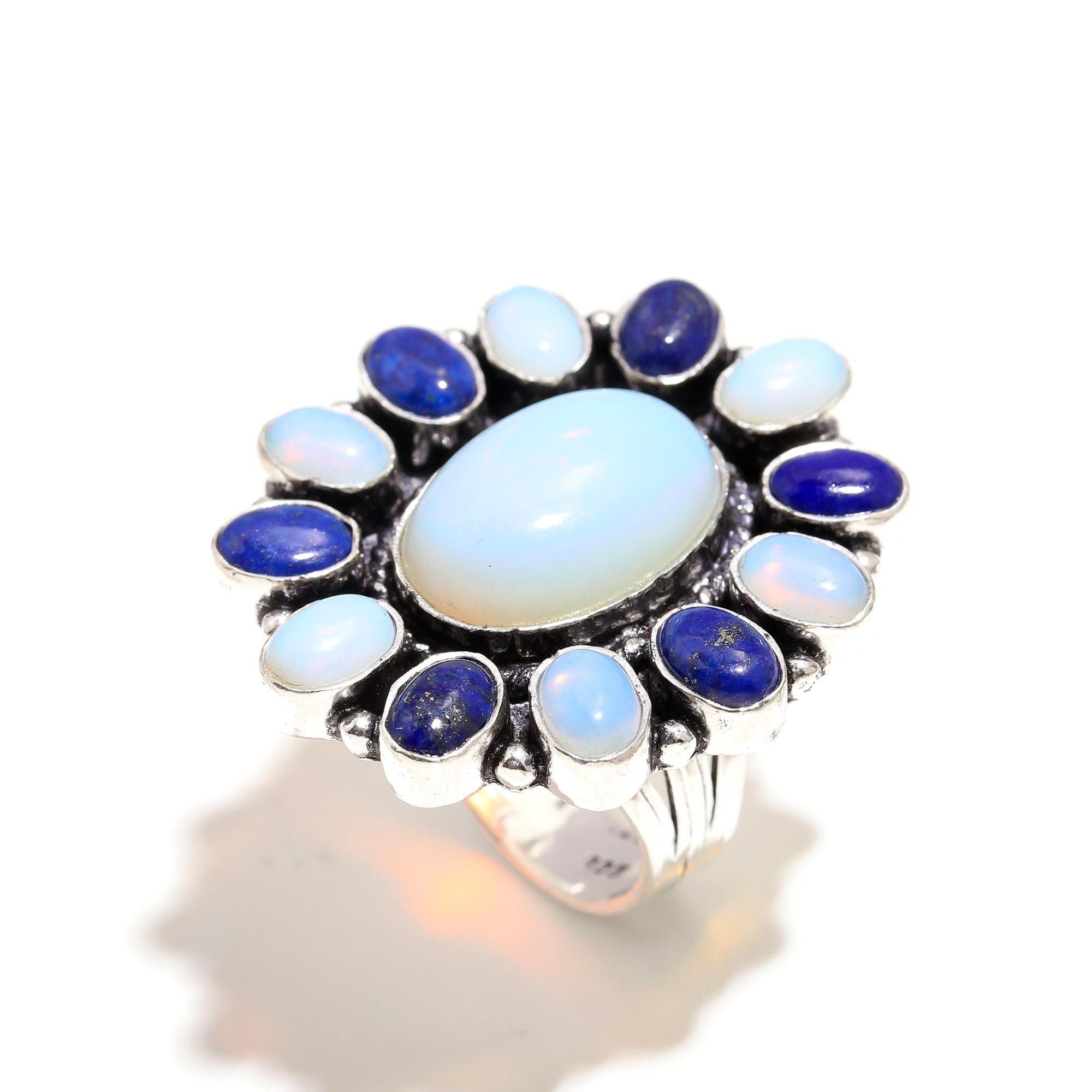 Opal & Lapis Lazuli Vintage Boho Ring – Handmade Silver Statement Jewelry