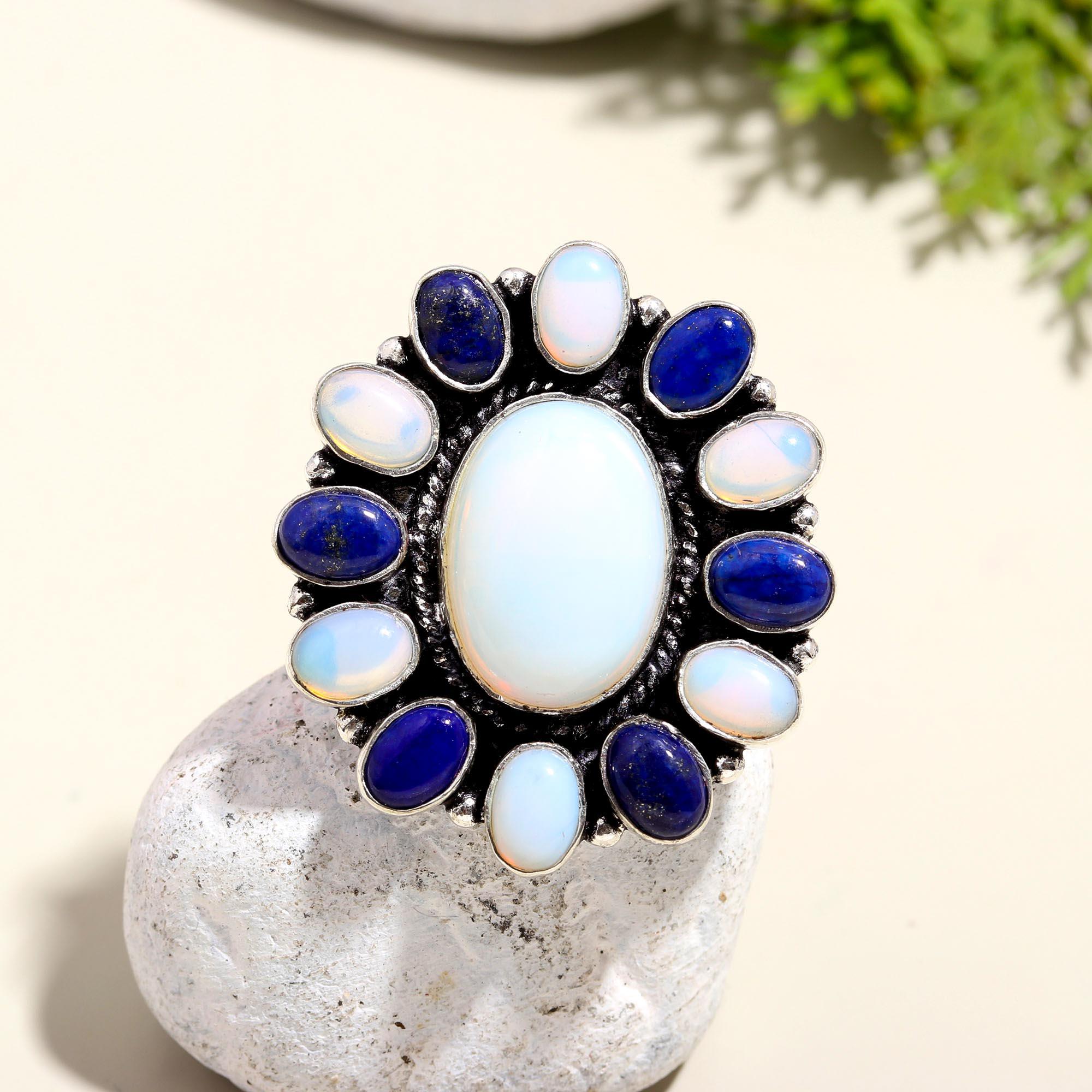 Opal & Lapis Lazuli Vintage Boho Ring – Handmade Silver Statement Jewelry