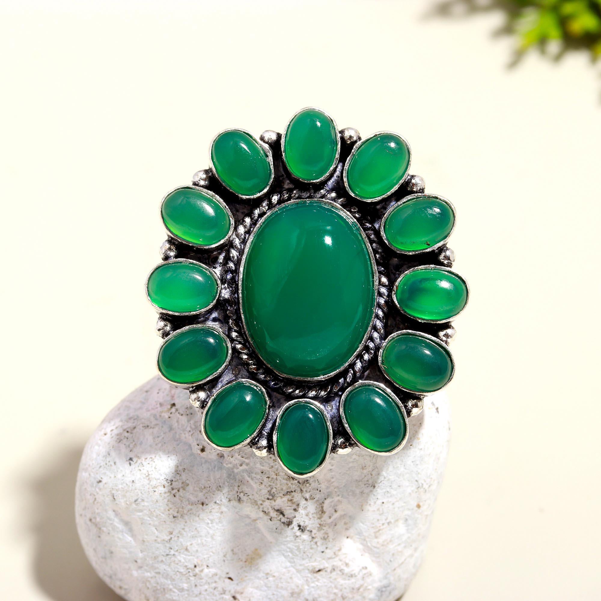 Green Onyx Vintage Boho Ring – Handmade Silver Statement Jewelry