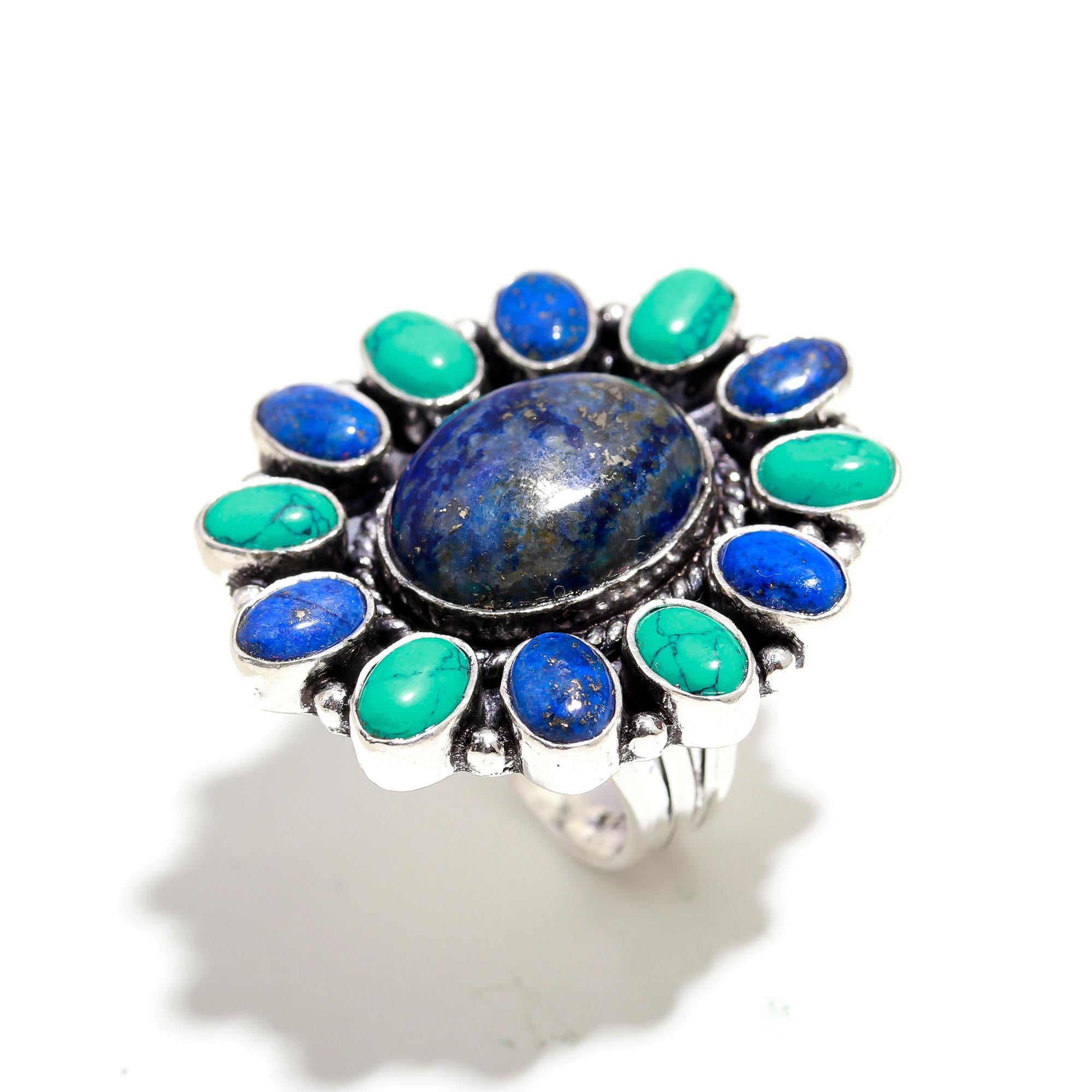 Lapis Lazuli & Turquoise Vintage Statement Ring – Handmade Silver Boho Jewelry