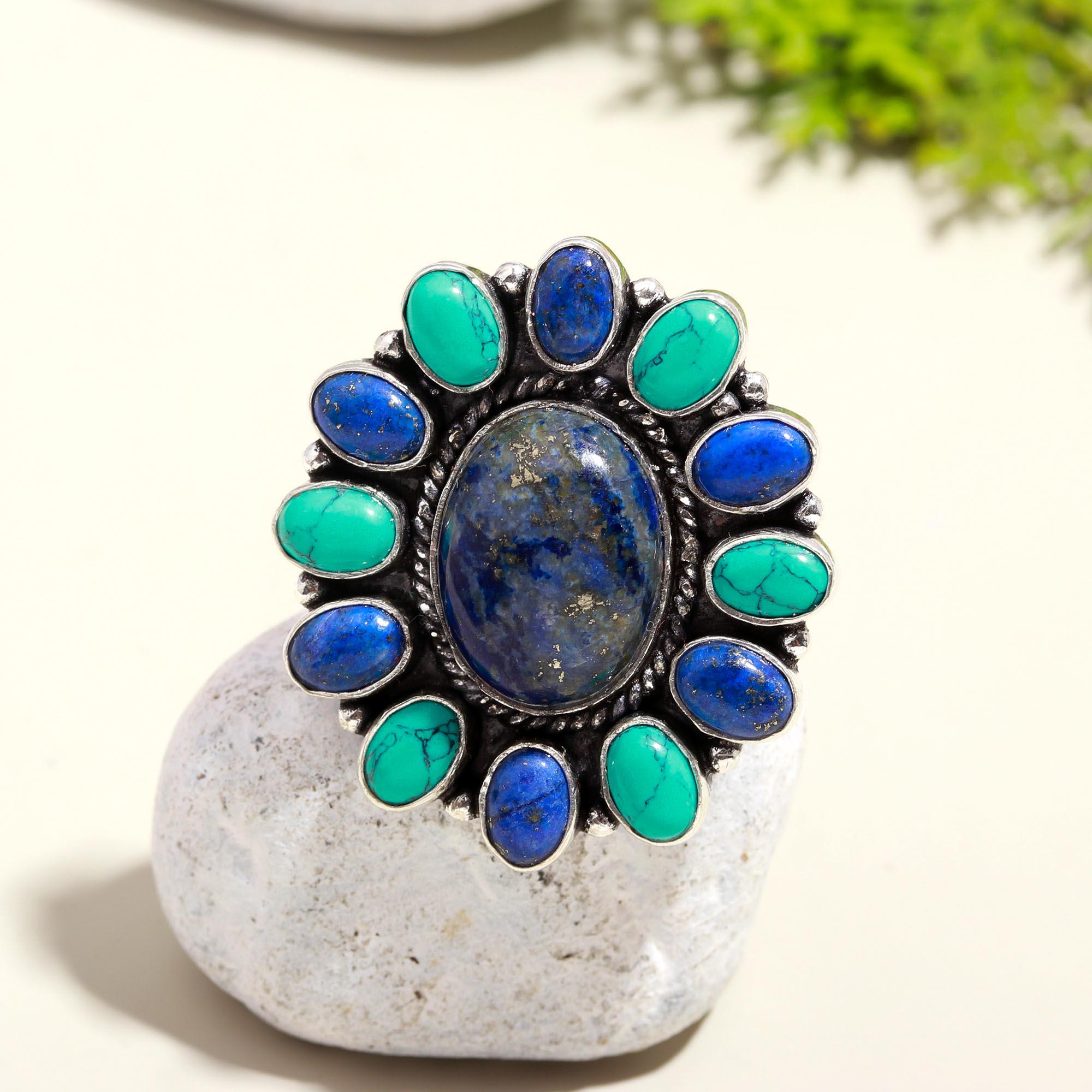 Lapis Lazuli & Turquoise Vintage Statement Ring – Handmade Silver Boho Jewelry