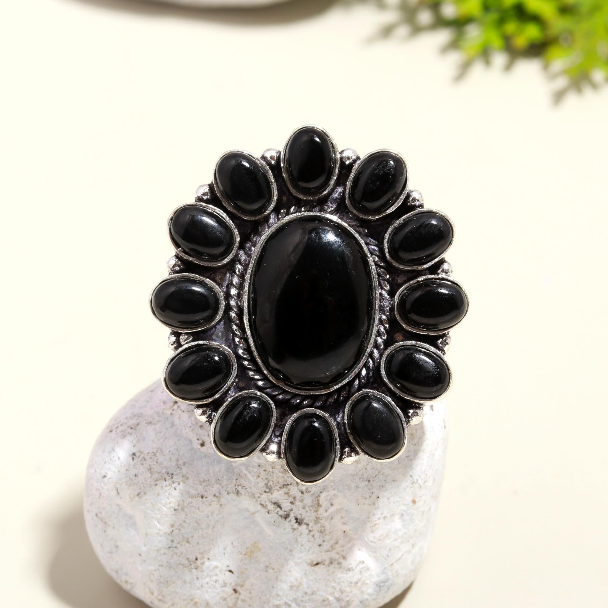 Black Onyx Vintage Statement Ring – Handmade Silver Gothic Boho Jewelry