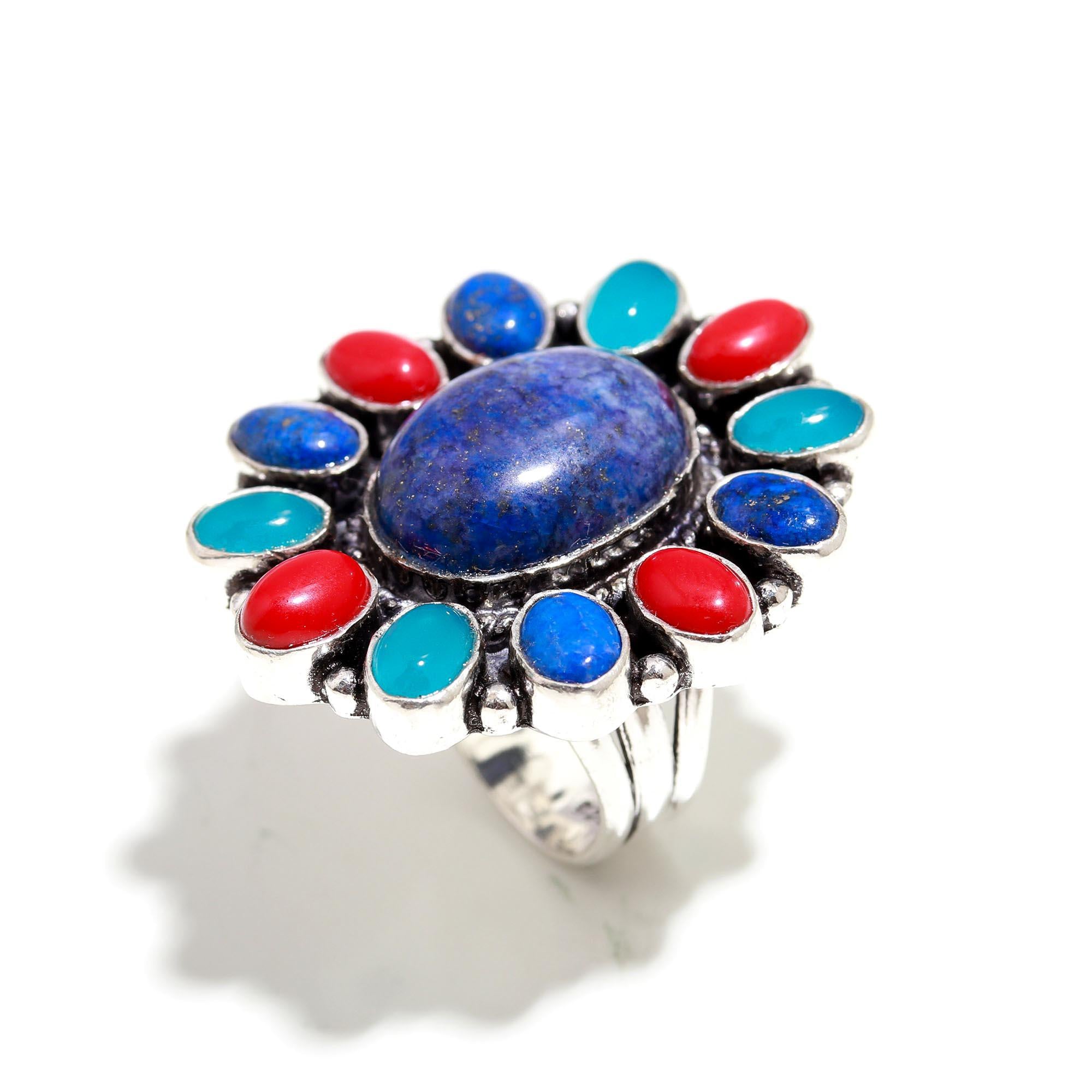 Multicolor Boho Statement Ring – Lapis Lazuli, Red Coral, and Turquoise in Antique Silver