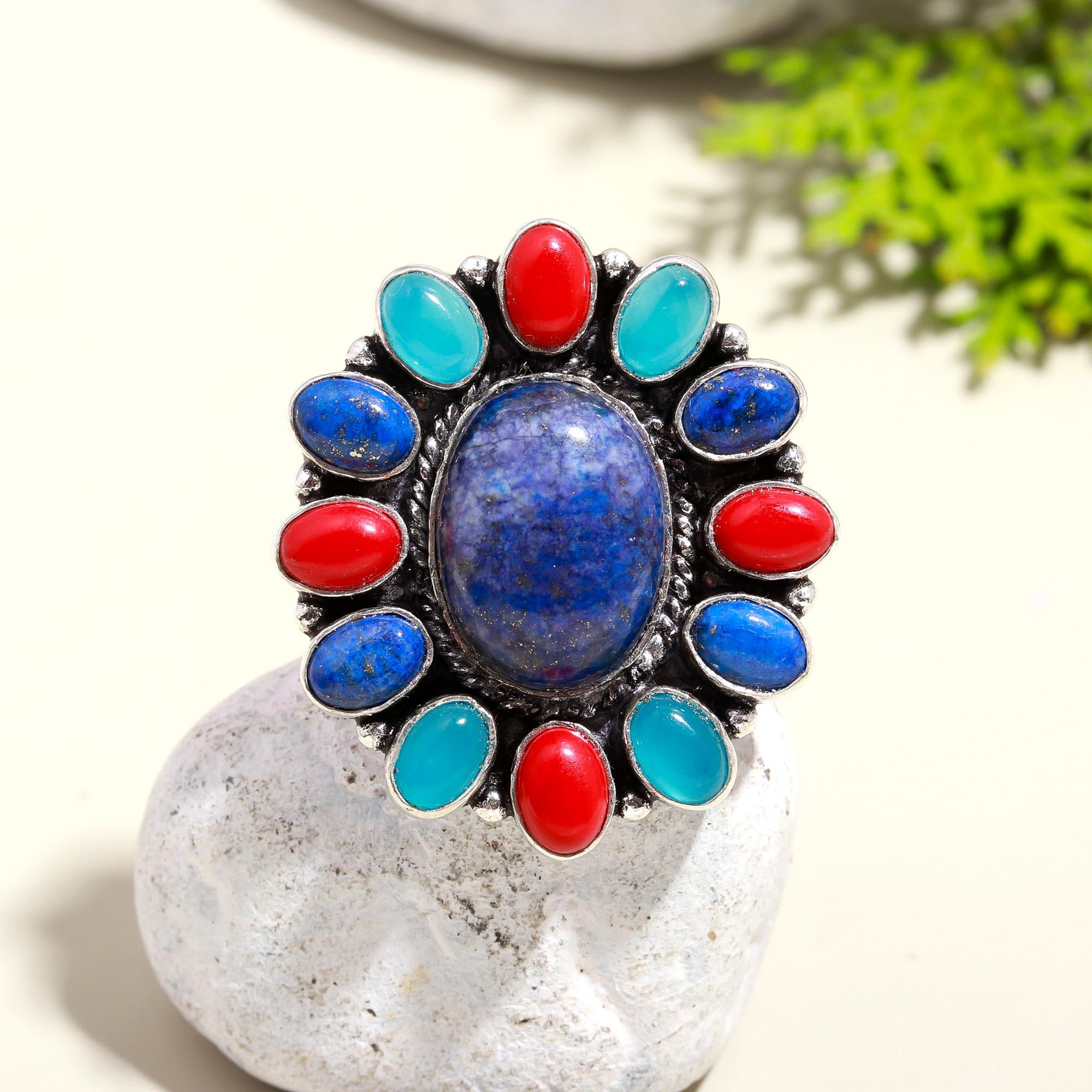 Multicolor Boho Statement Ring – Lapis Lazuli, Red Coral, and Turquoise in Antique Silver