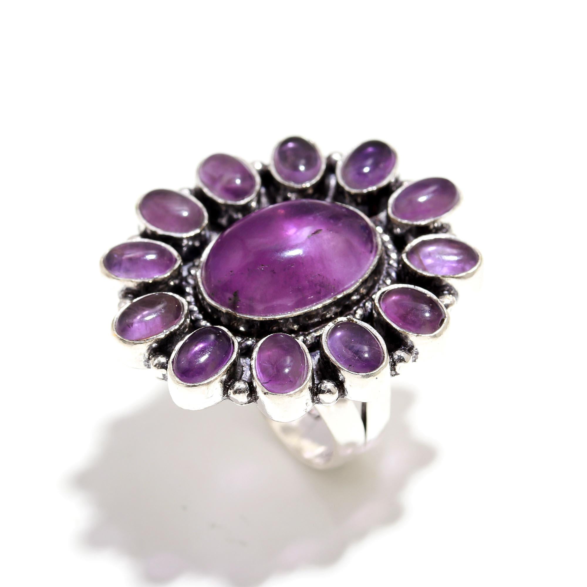 Bohemian Amethyst Statement Ring – Antique Silver with Natural Purple Gemstones