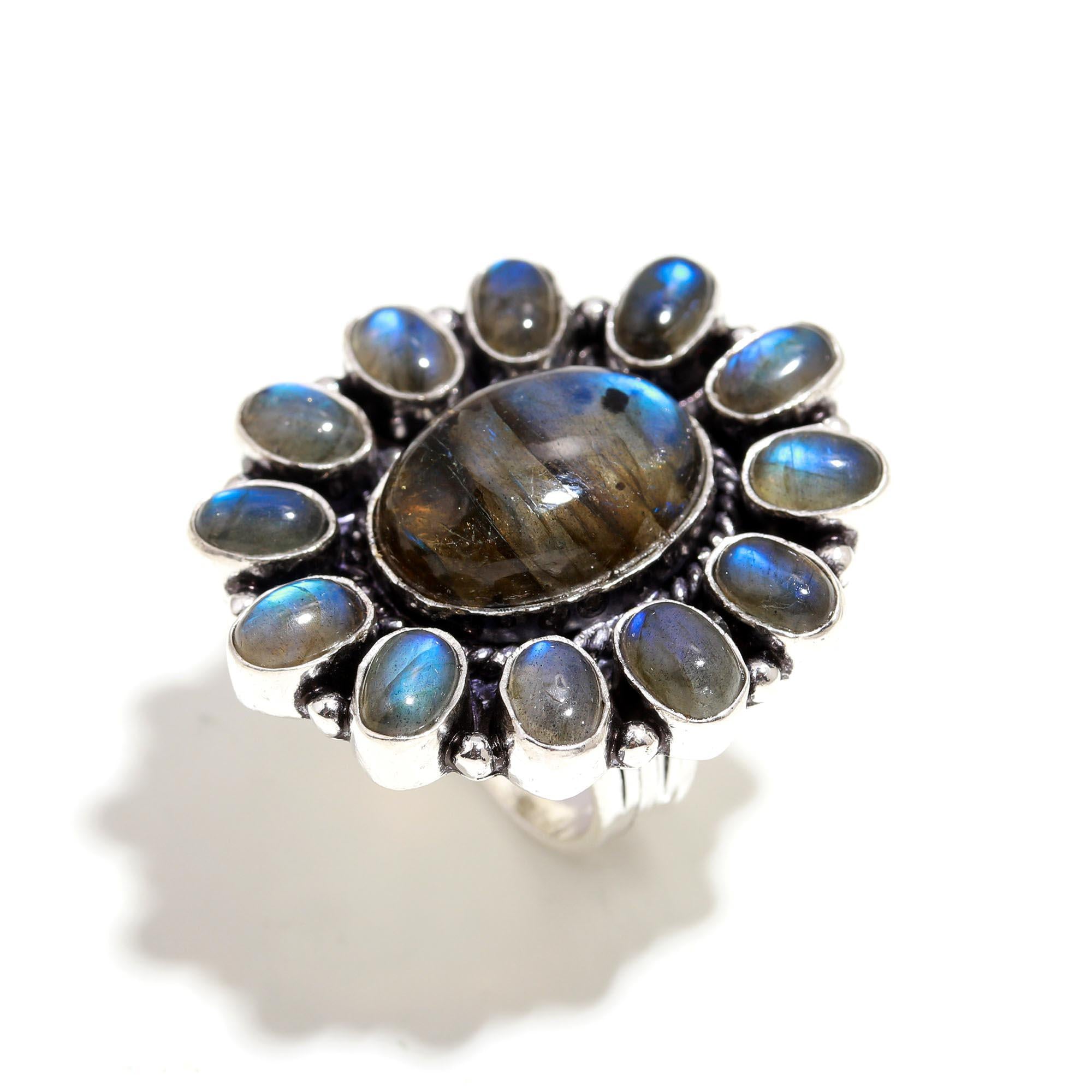 Mystic Labradorite Bohemian Statement Ring – Antique Silver with Iridescent Blue Gemstones