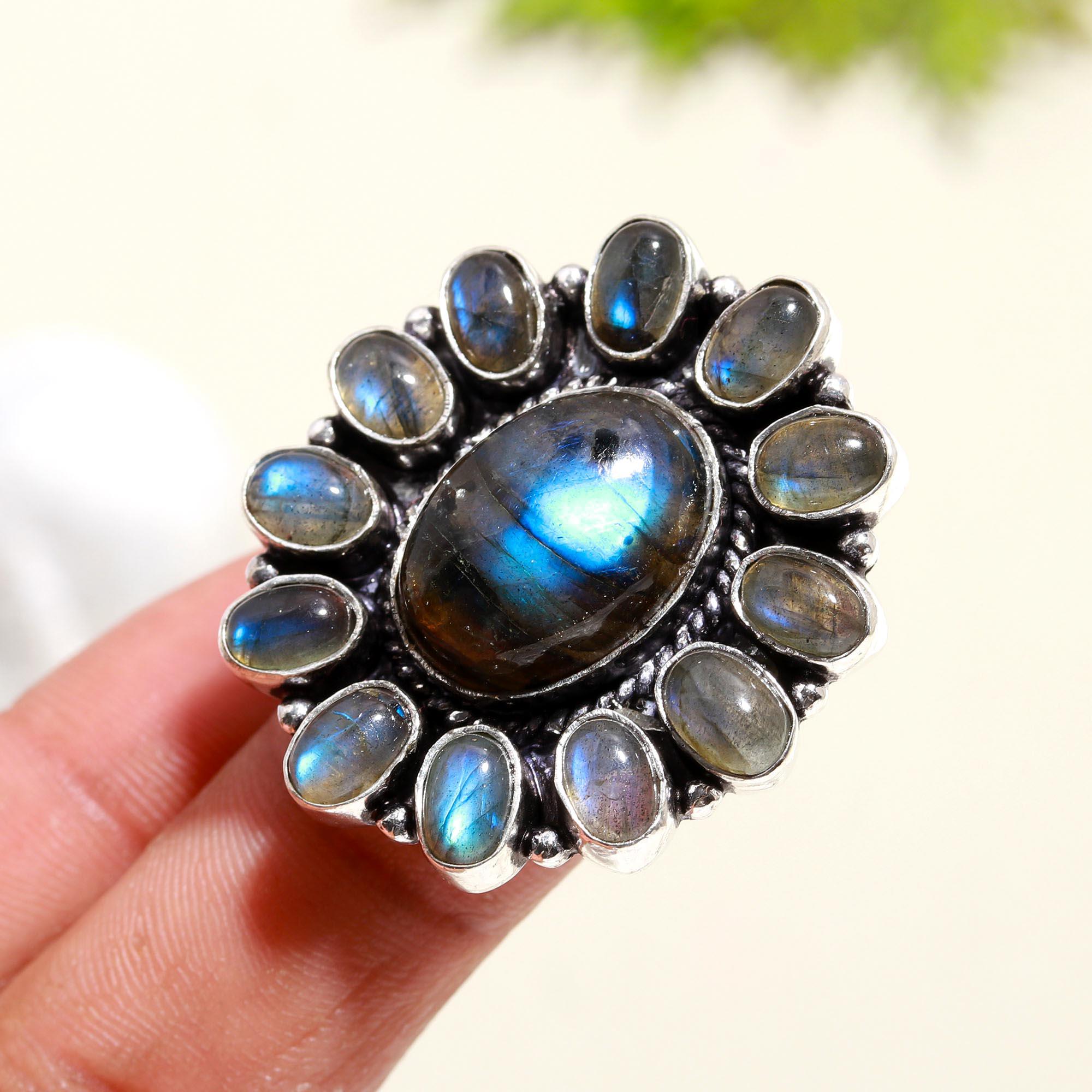 Mystic Labradorite Bohemian Statement Ring – Antique Silver with Iridescent Blue Gemstones