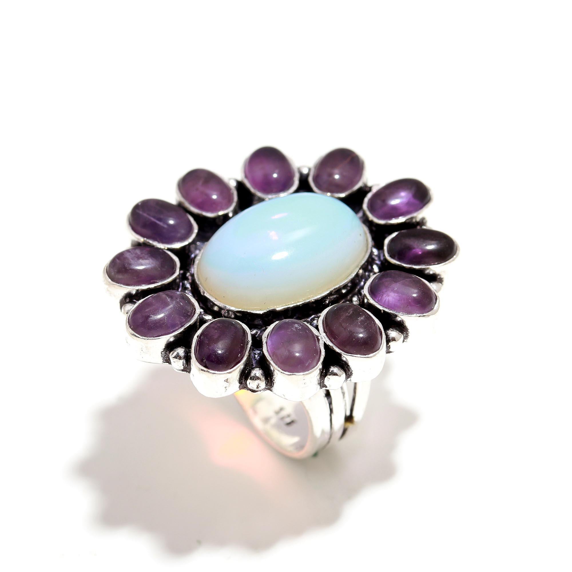 Ethereal Opal & Amethyst Bohemian Statement Ring – Antique Silver