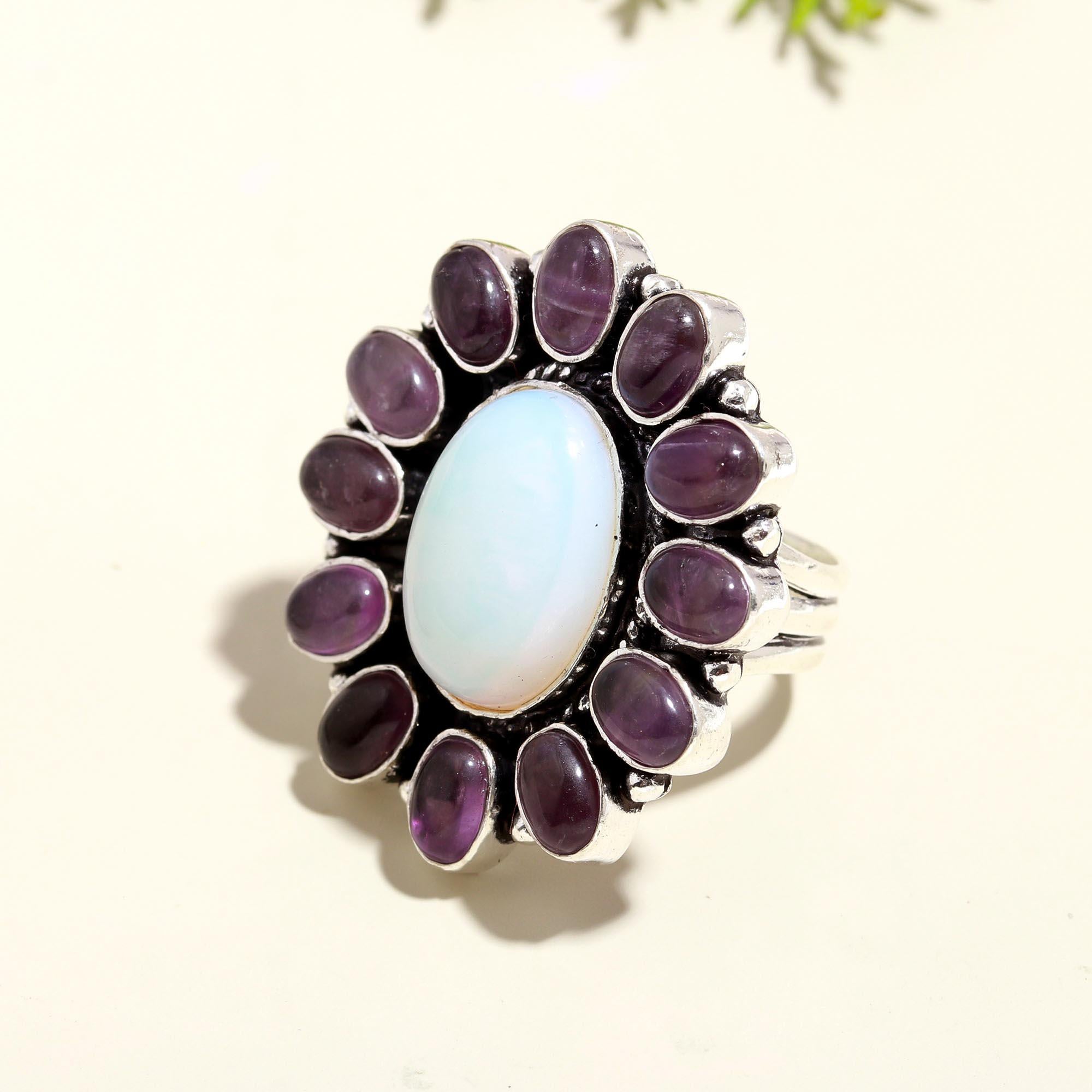 Ethereal Opal & Amethyst Bohemian Statement Ring – Antique Silver