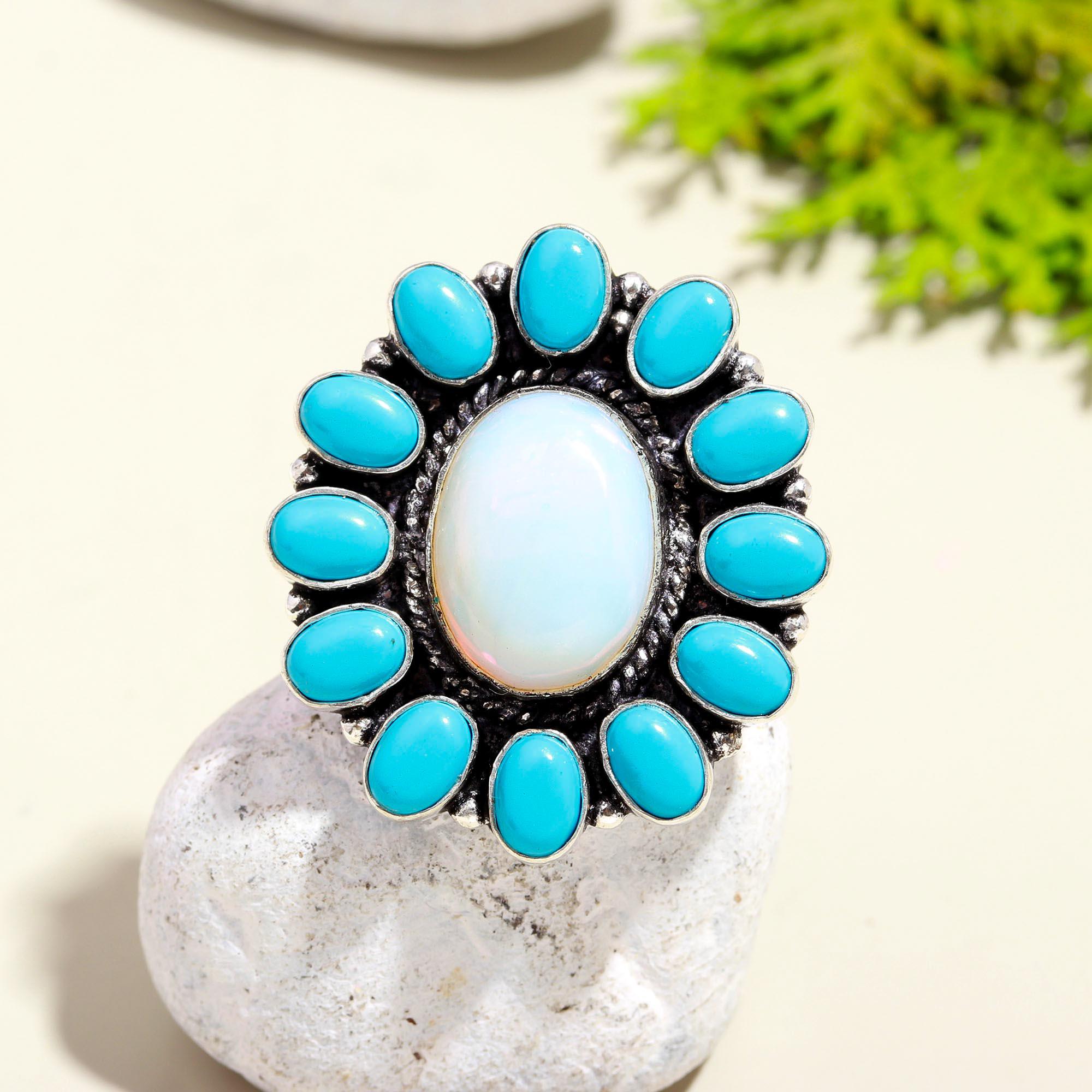 Vintage Opal and Turquoise Ring – Handmade Boho Statement Jewelry