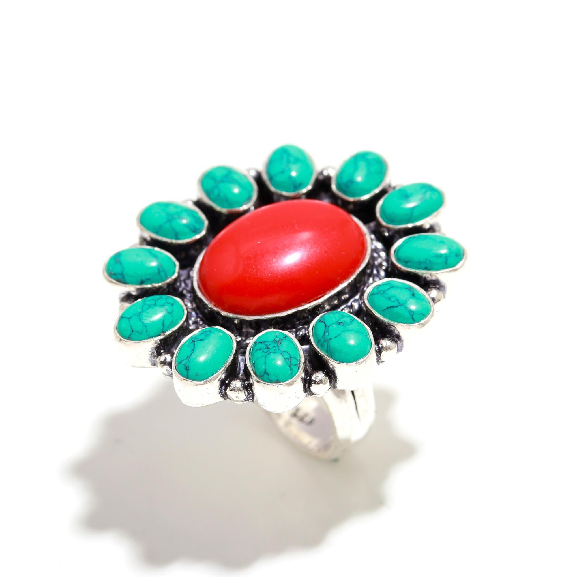 Vintage Silver Ring with Red Coral and Turquoise Gemstones