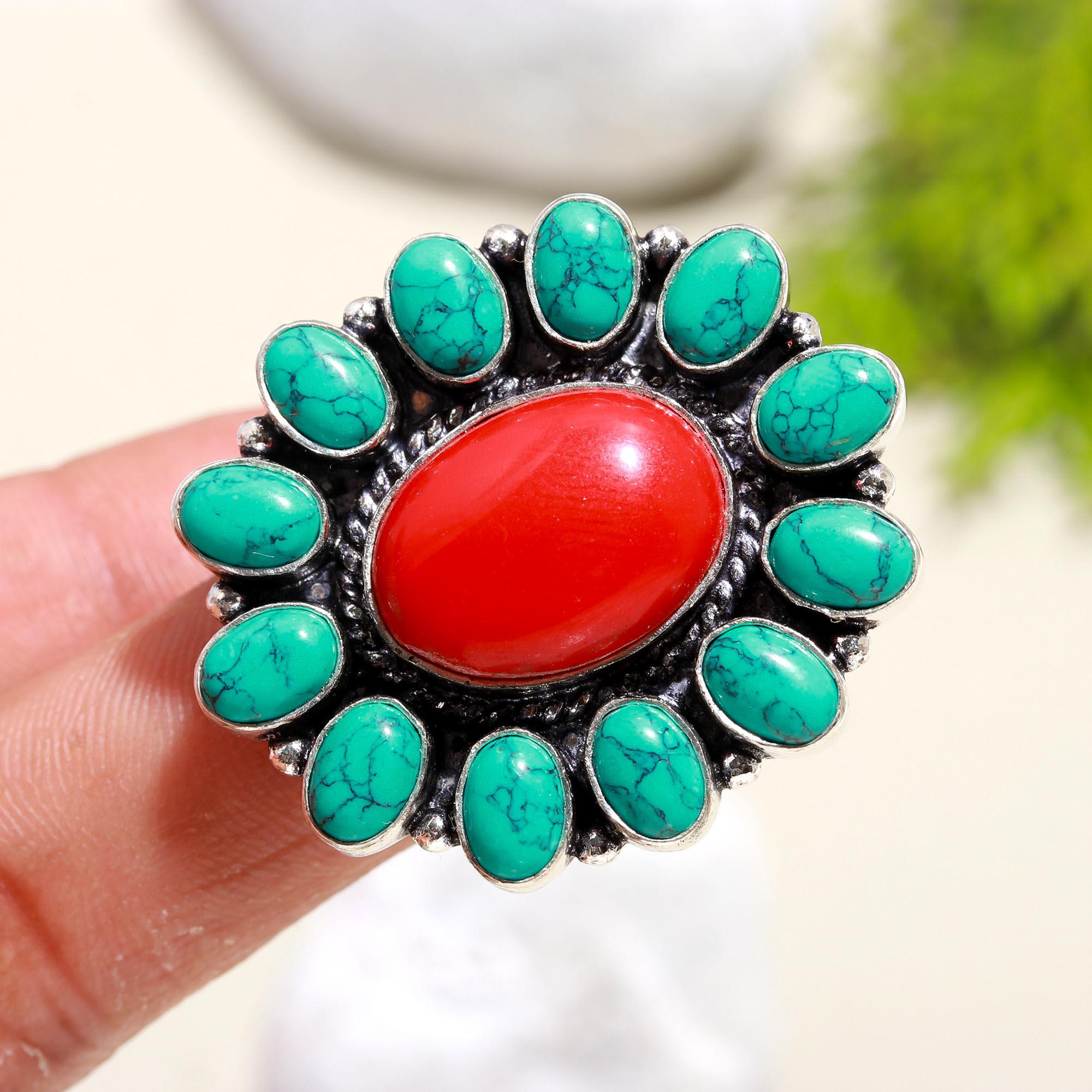 Vintage Silver Ring with Red Coral and Turquoise Gemstones