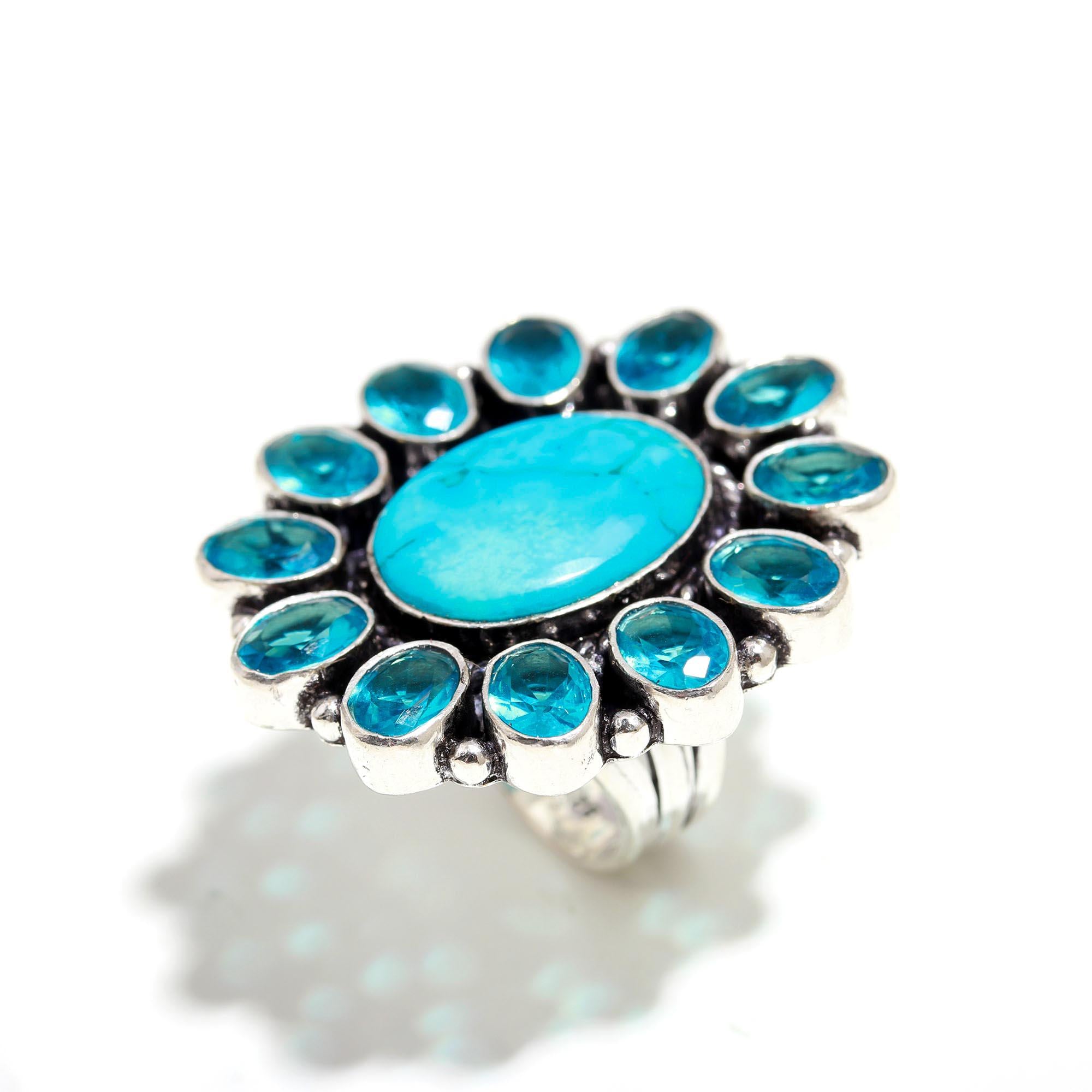 Vintage Silver Ring with Turquoise and Blue Topaz Gemstones