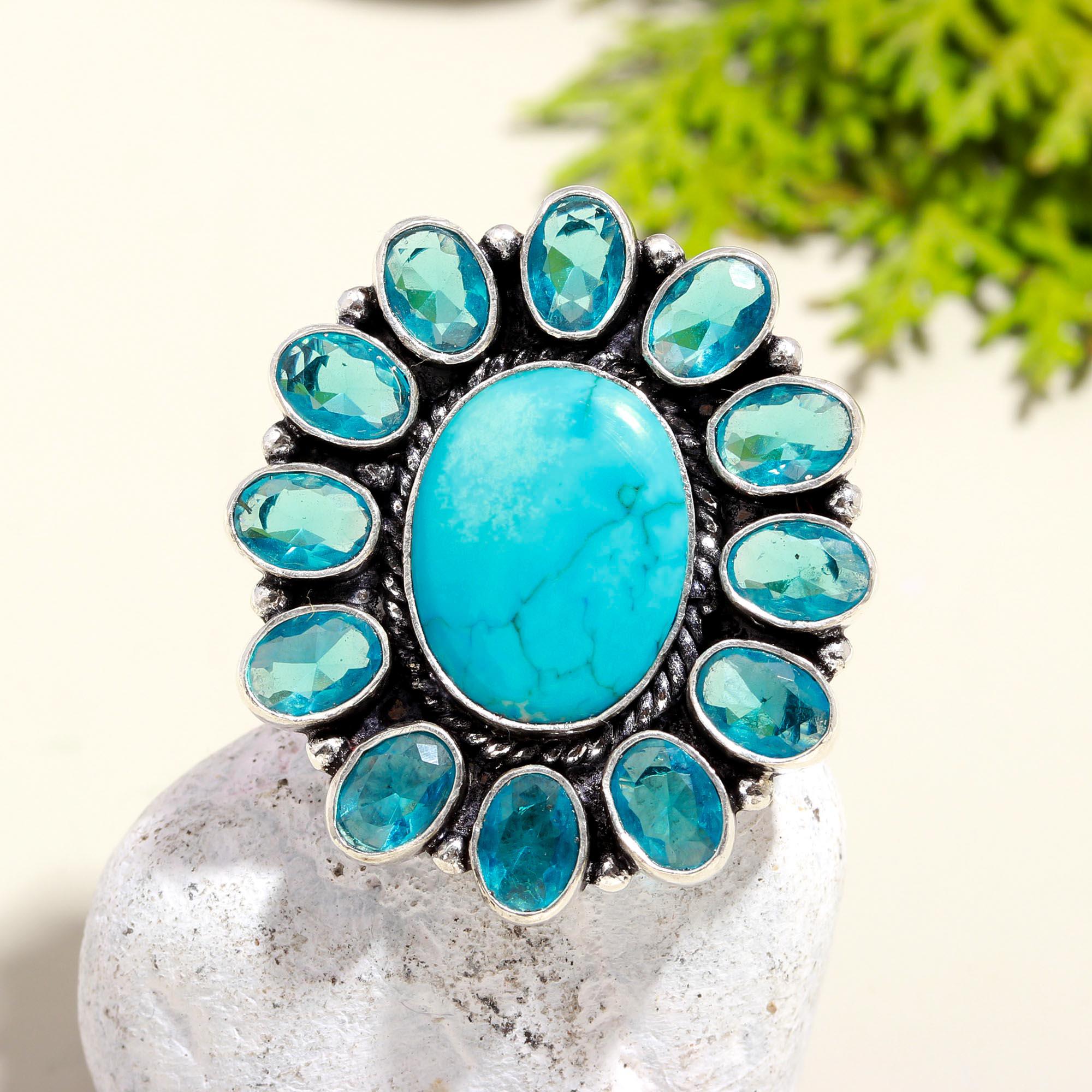 Vintage Silver Ring with Turquoise and Blue Topaz Gemstones