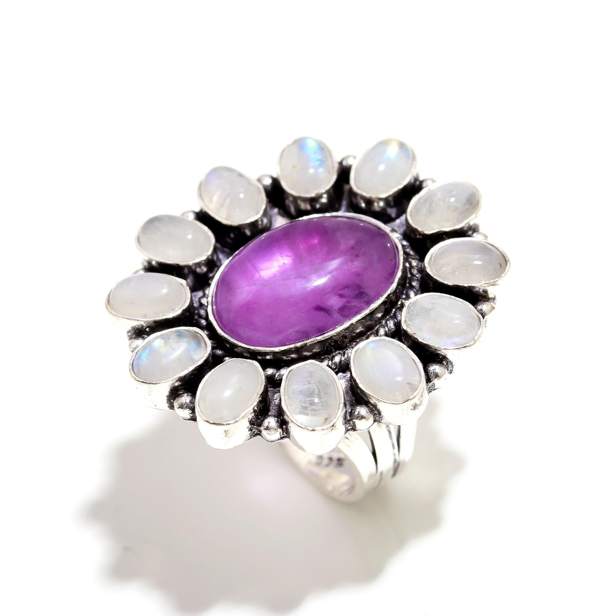 Vintage Silver Ring with Amethyst and Moonstone Gemstones