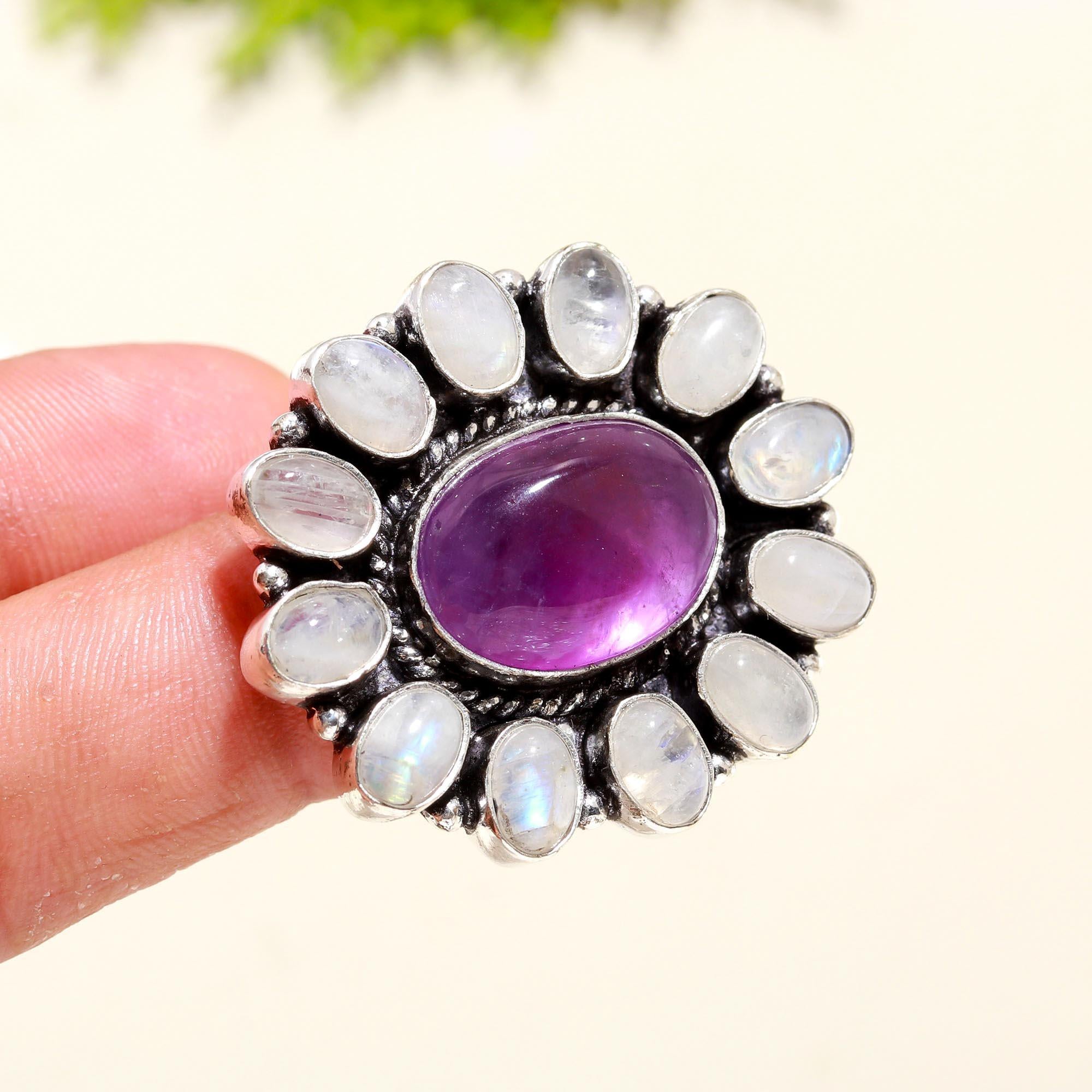 Vintage Silver Ring with Amethyst and Moonstone Gemstones