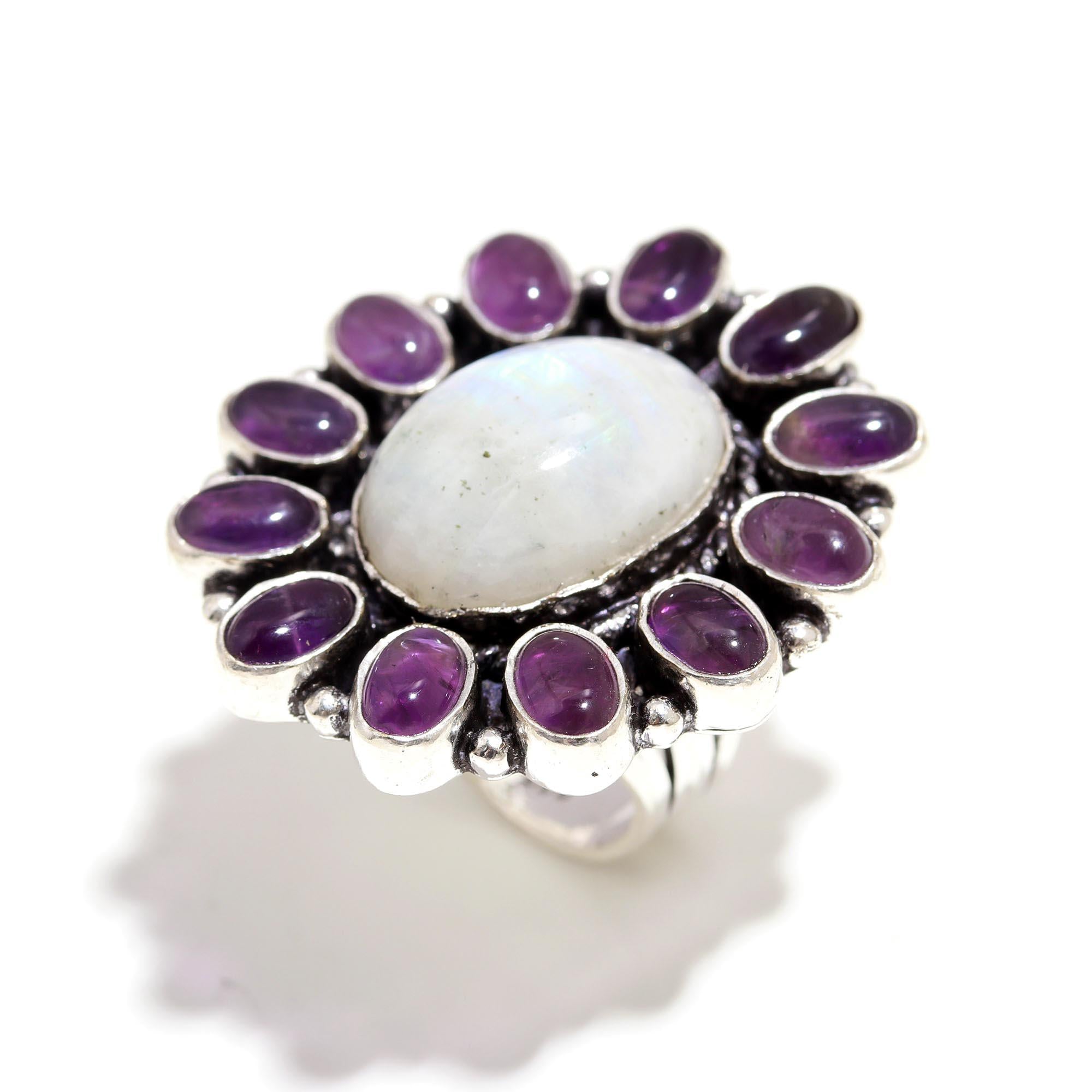 Moonstone & Amethyst Statement Ring – Handmade Sterling Silver Boho Jewelry