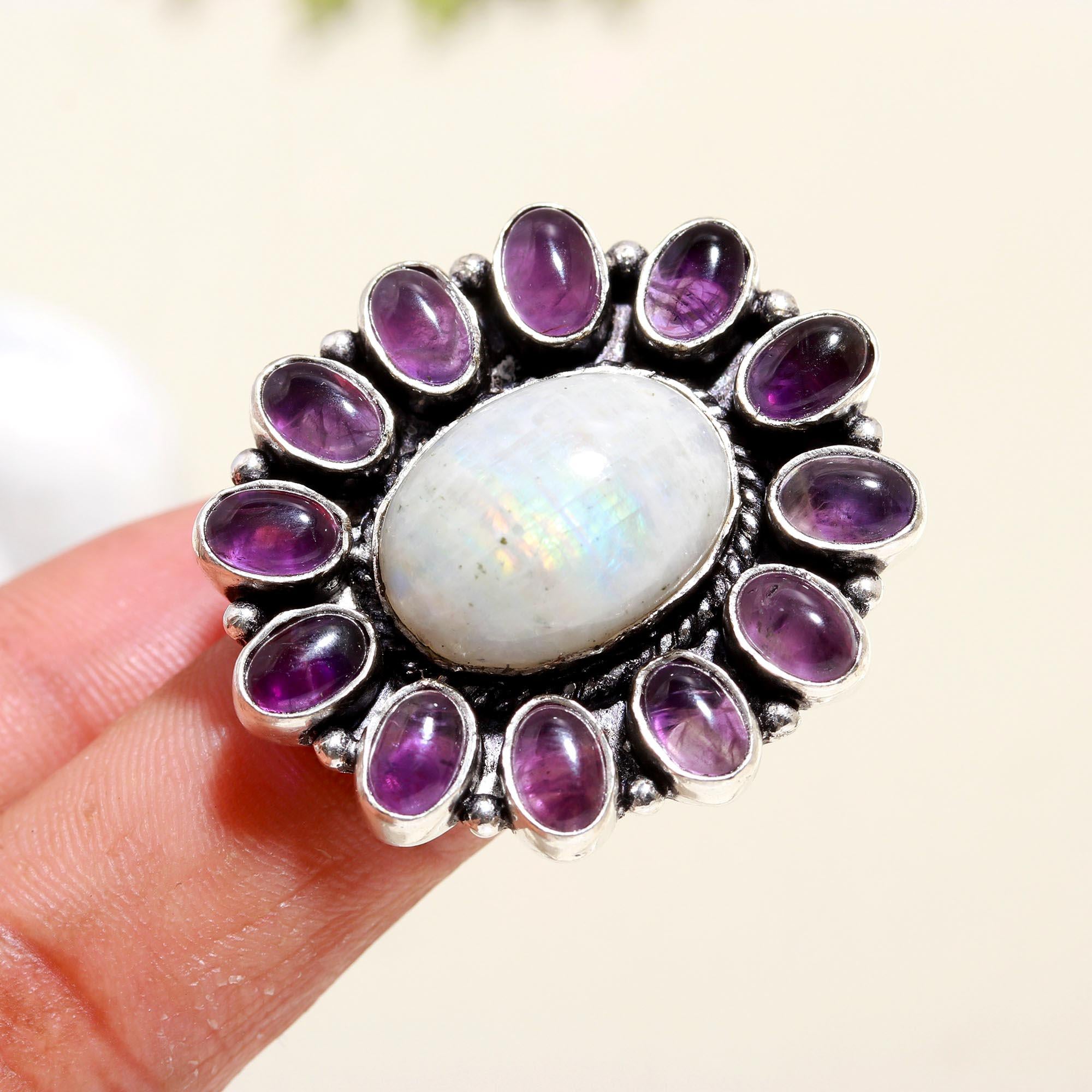 Moonstone & Amethyst Statement Ring – Handmade Sterling Silver Boho Jewelry