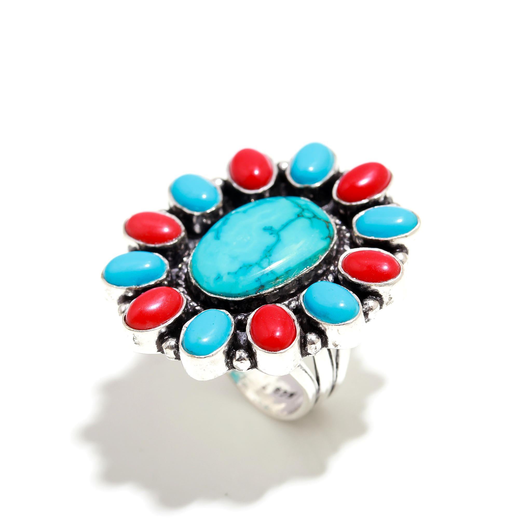 Turquoise & Coral Statement Ring – Handmade Sterling Silver Boho Jewelry