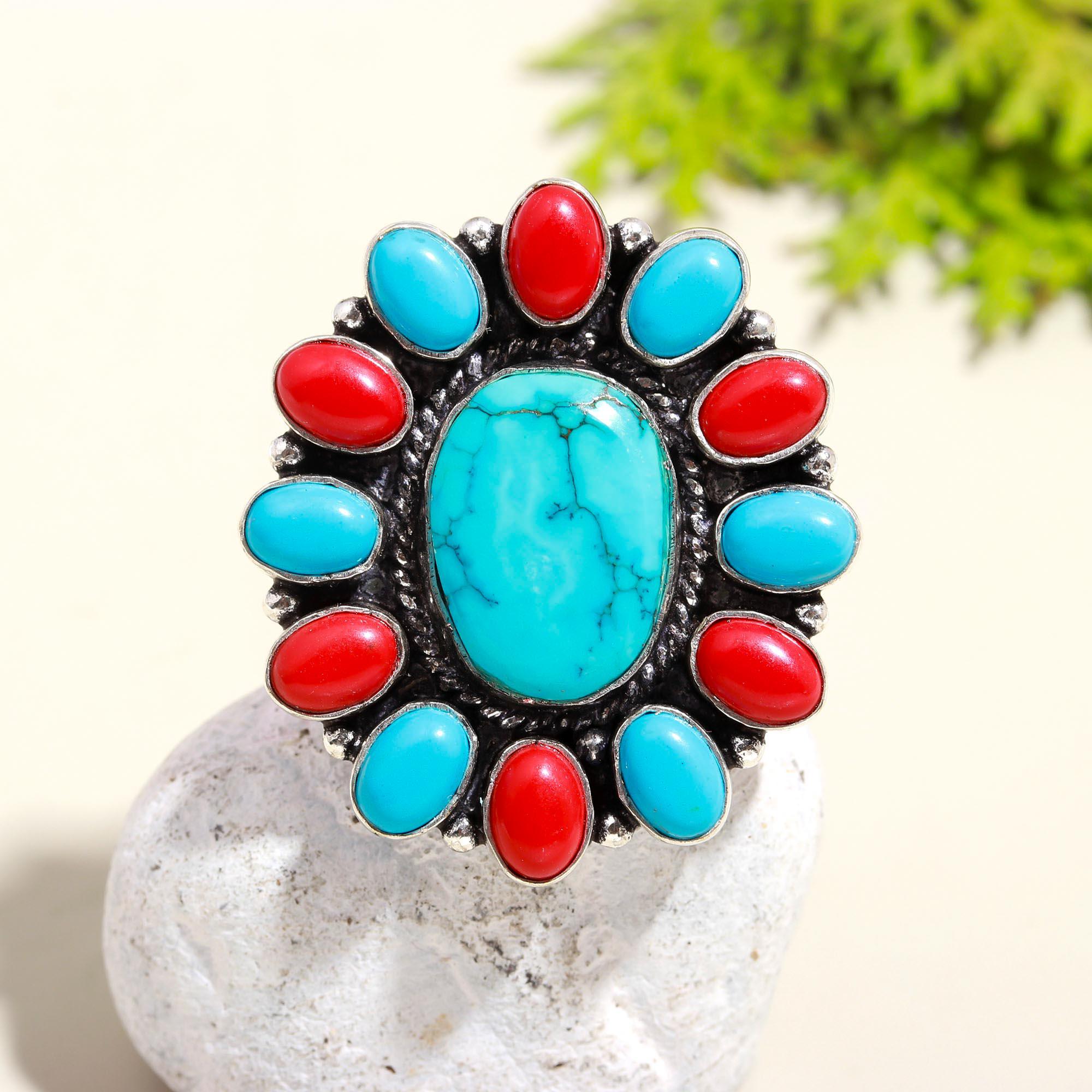 Turquoise & Coral Statement Ring – Handmade Sterling Silver Boho Jewelry