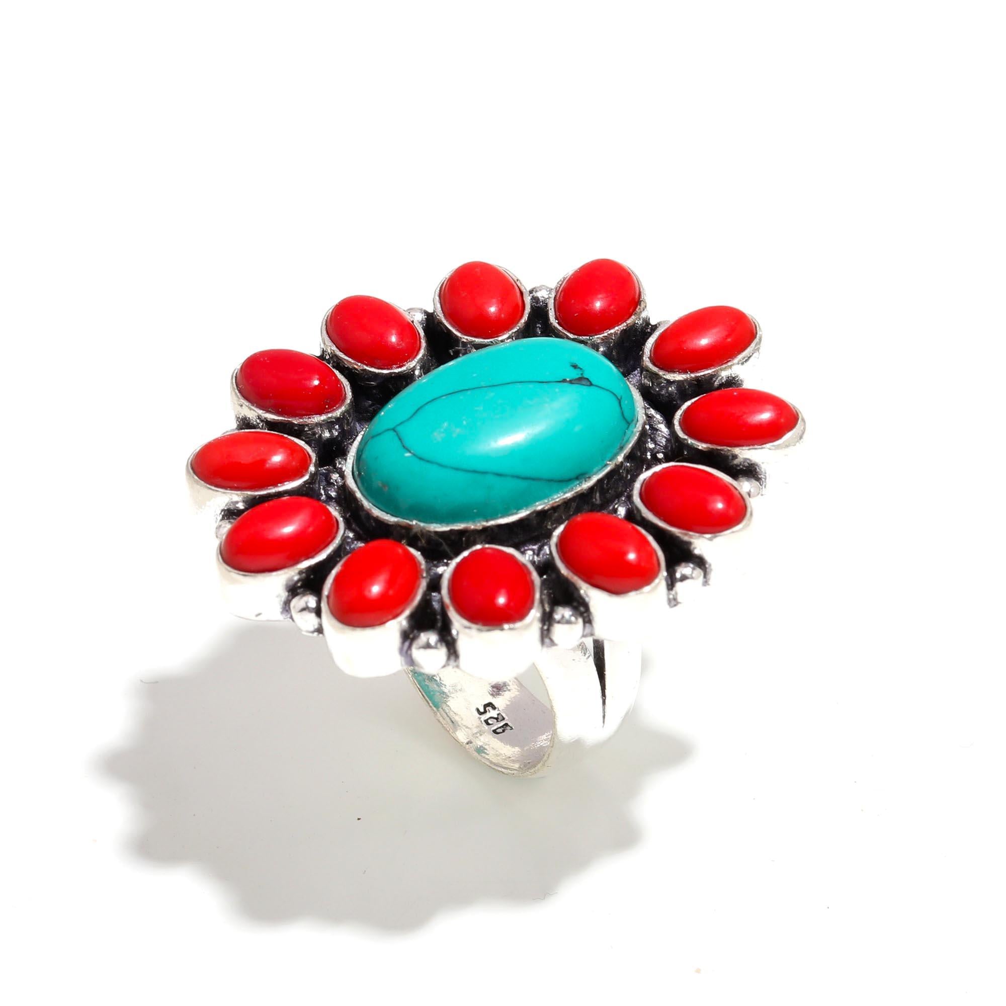 Vintage Turquoise and Red Coral Statement Ring – Boho Chic Jewelry