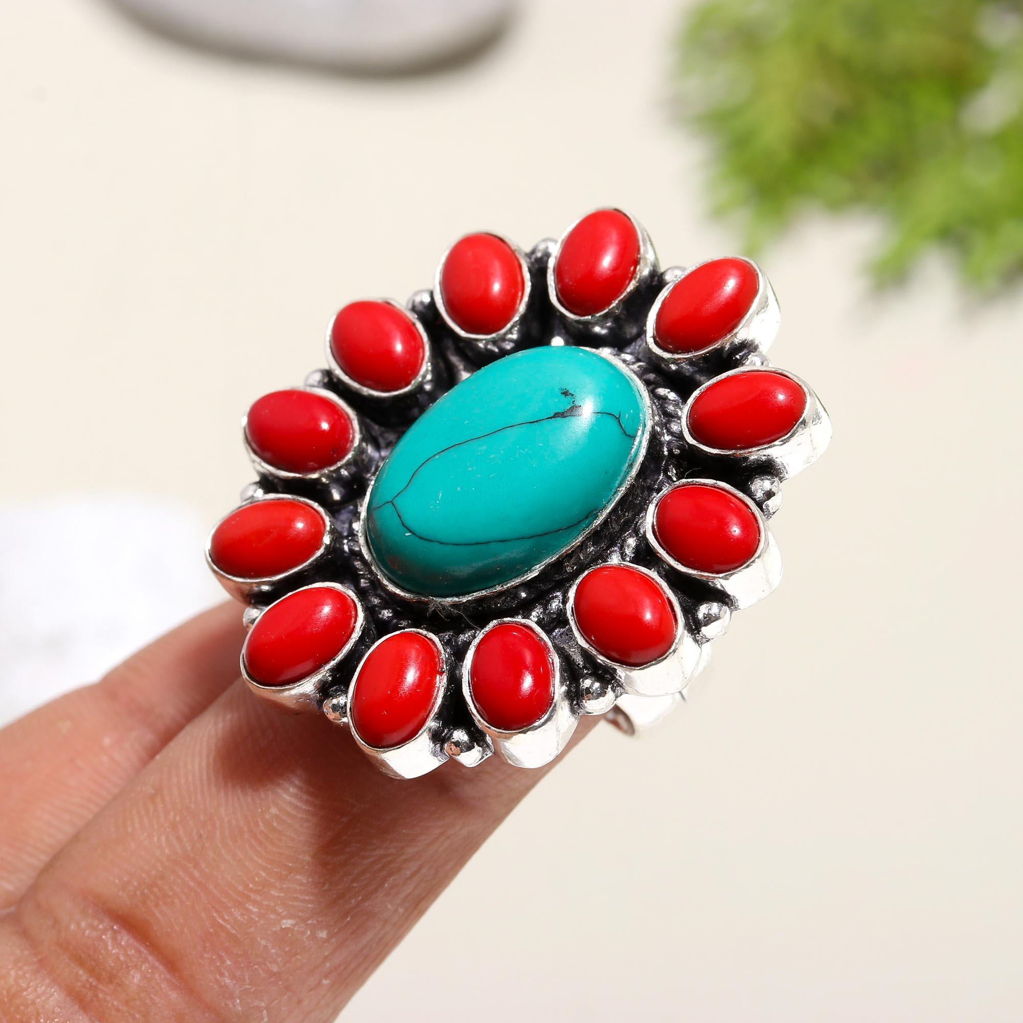 Vintage Turquoise and Red Coral Statement Ring – Boho Chic Jewelry