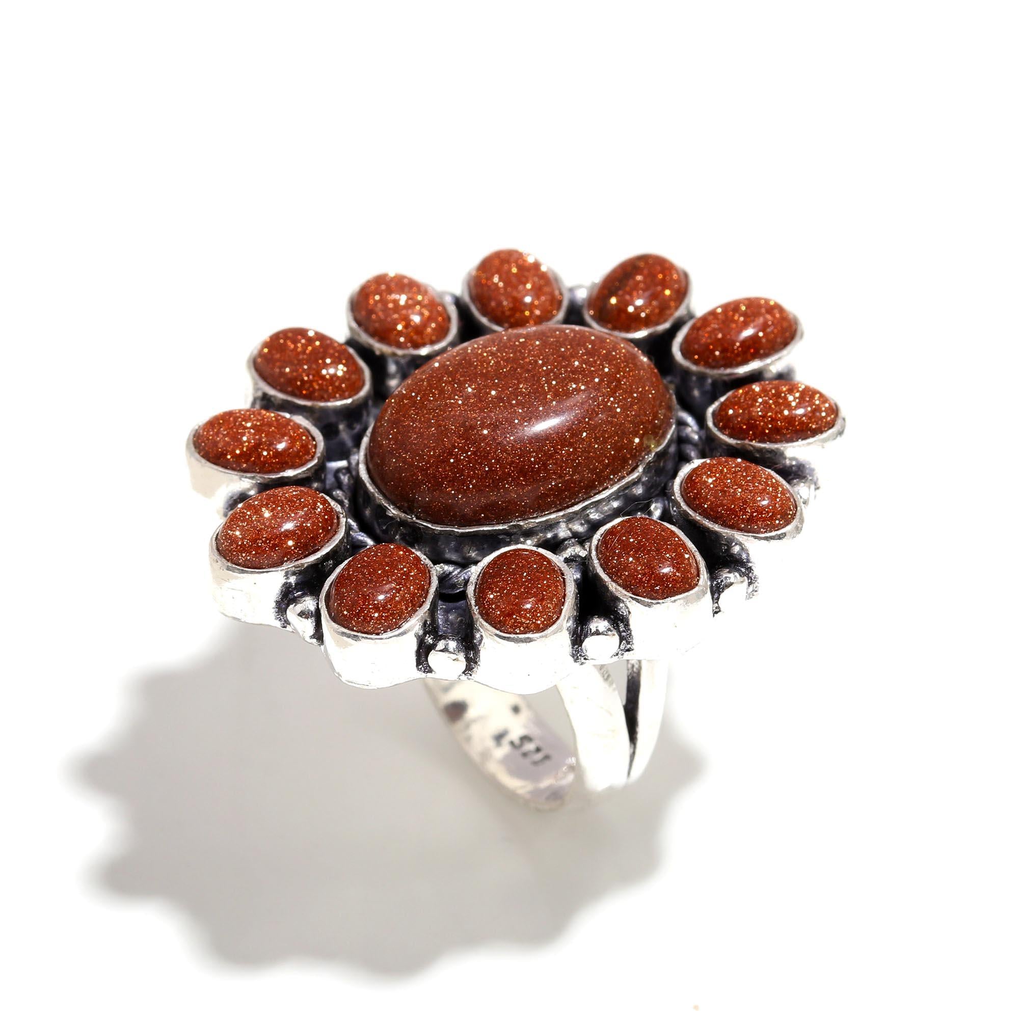 Vintage Brown Goldstone Statement Ring – Boho Chic Sparkling Jewelry