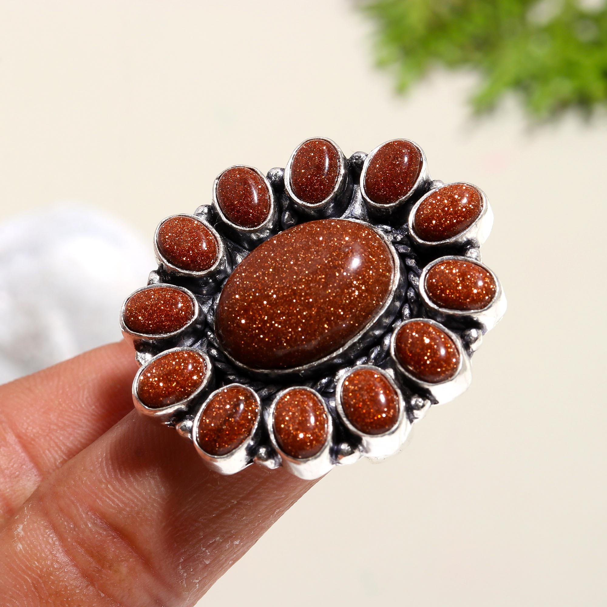 Vintage Brown Goldstone Statement Ring – Boho Chic Sparkling Jewelry