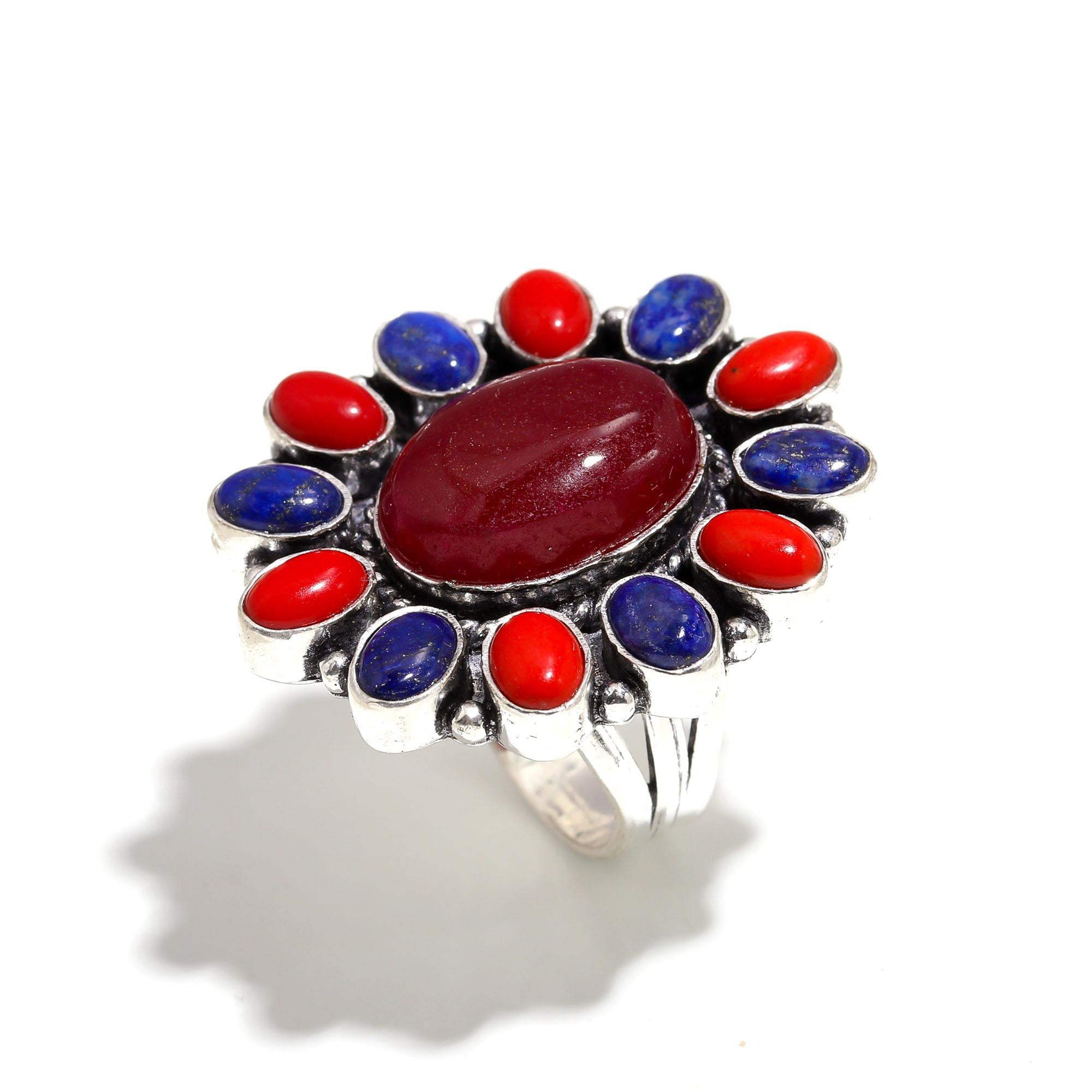 Boho Statement Ring with Red Jasper, Lapis Lazuli & Red Coral – Vintage Silver Jewelry Ring