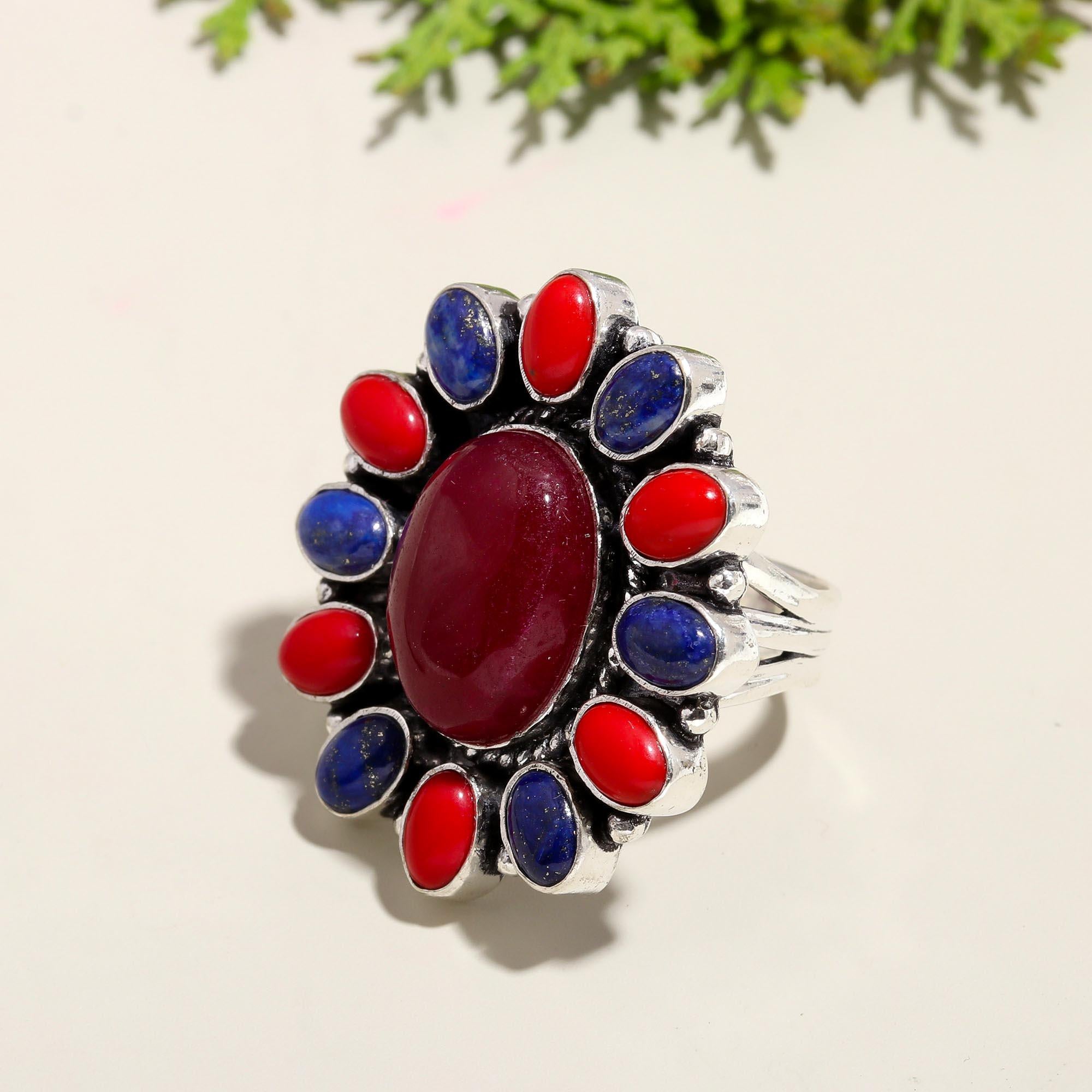 Boho Statement Ring with Red Jasper, Lapis Lazuli & Red Coral – Vintage Silver Jewelry Ring