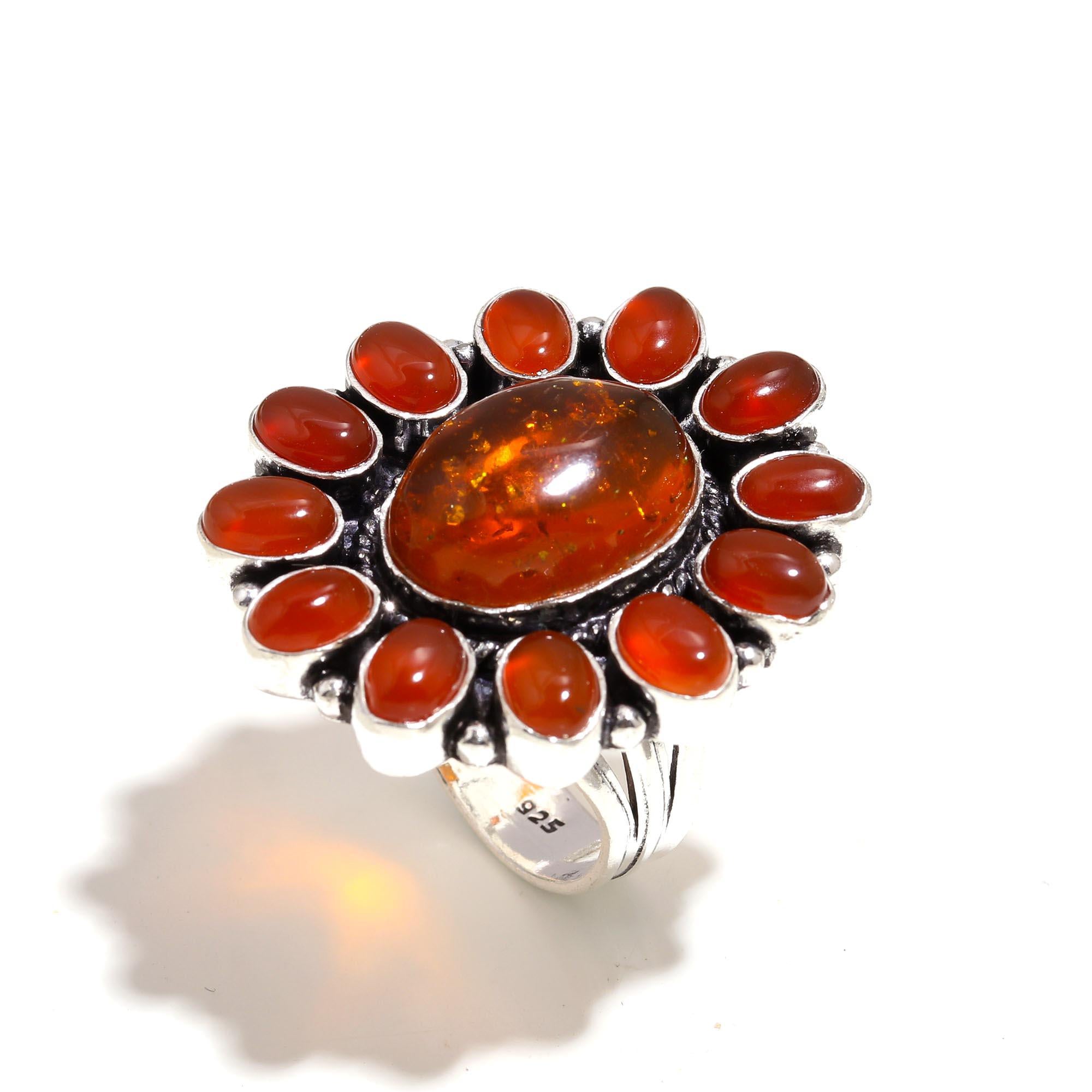 Vintage Amber & Carnelian Statement Ring – Boho Chic Silver Ring Jewelry