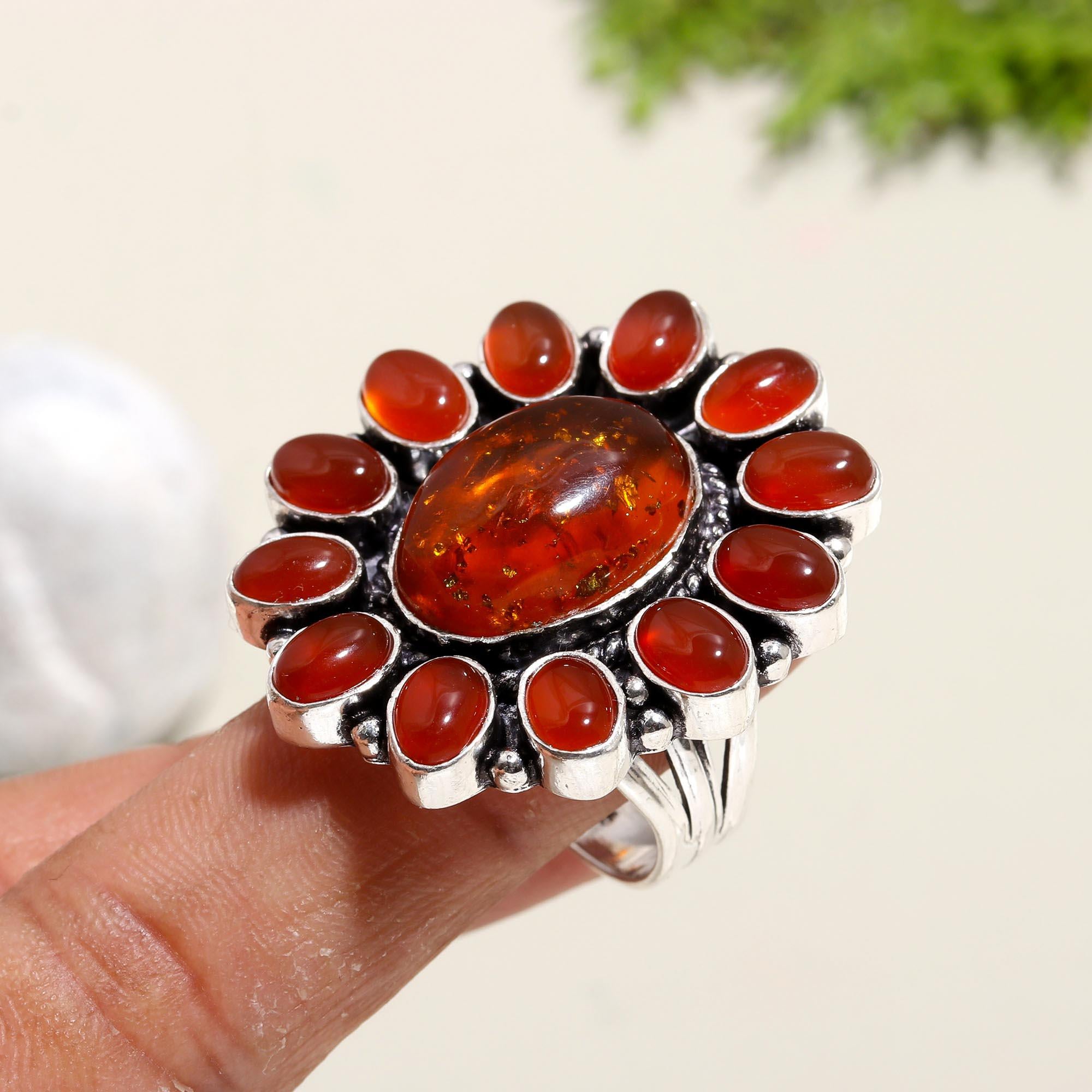 Vintage Amber & Carnelian Statement Ring – Boho Chic Silver Ring Jewelry