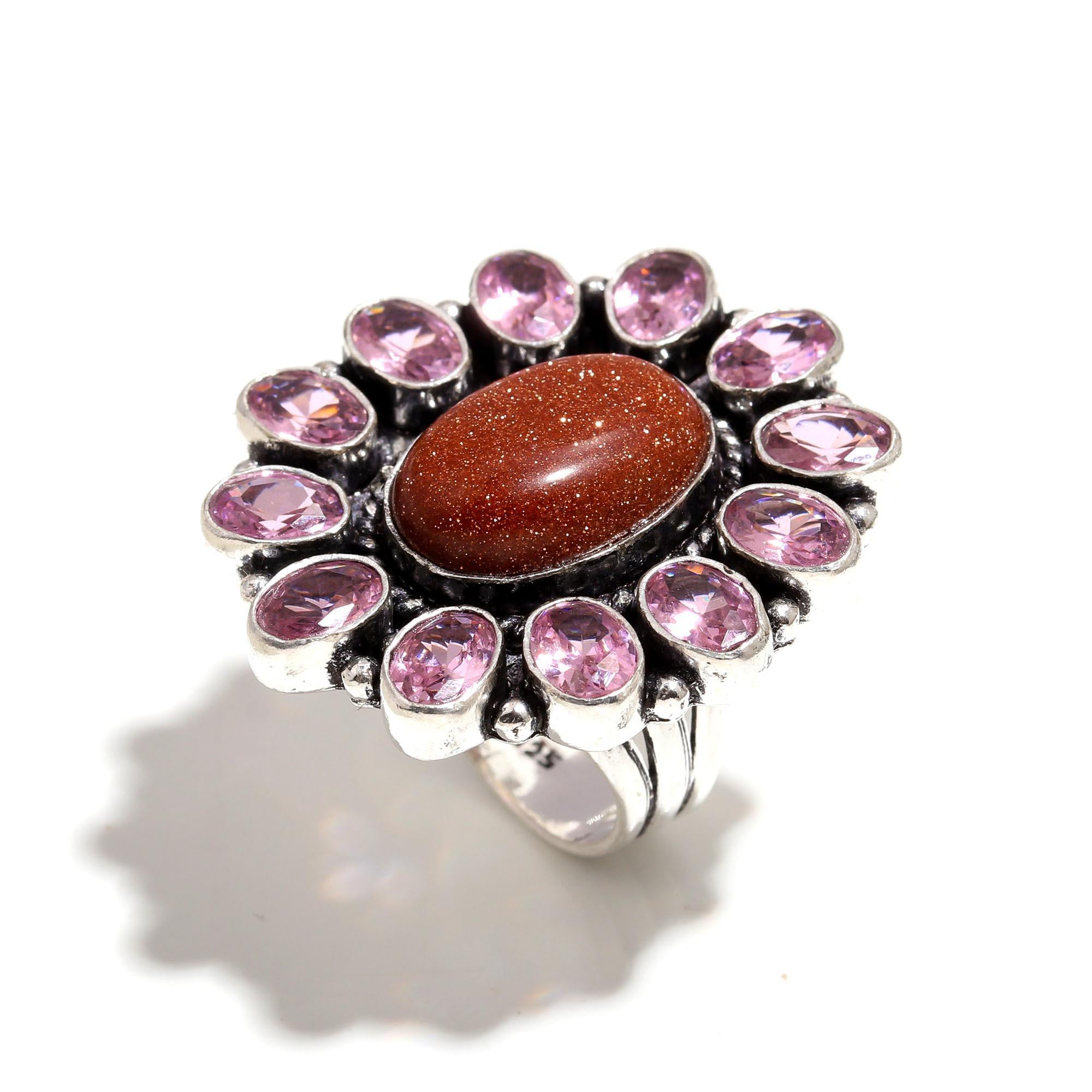 Goldstone & Pink Amethyst Statement Ring – Vintage Boho Silver Jewelry