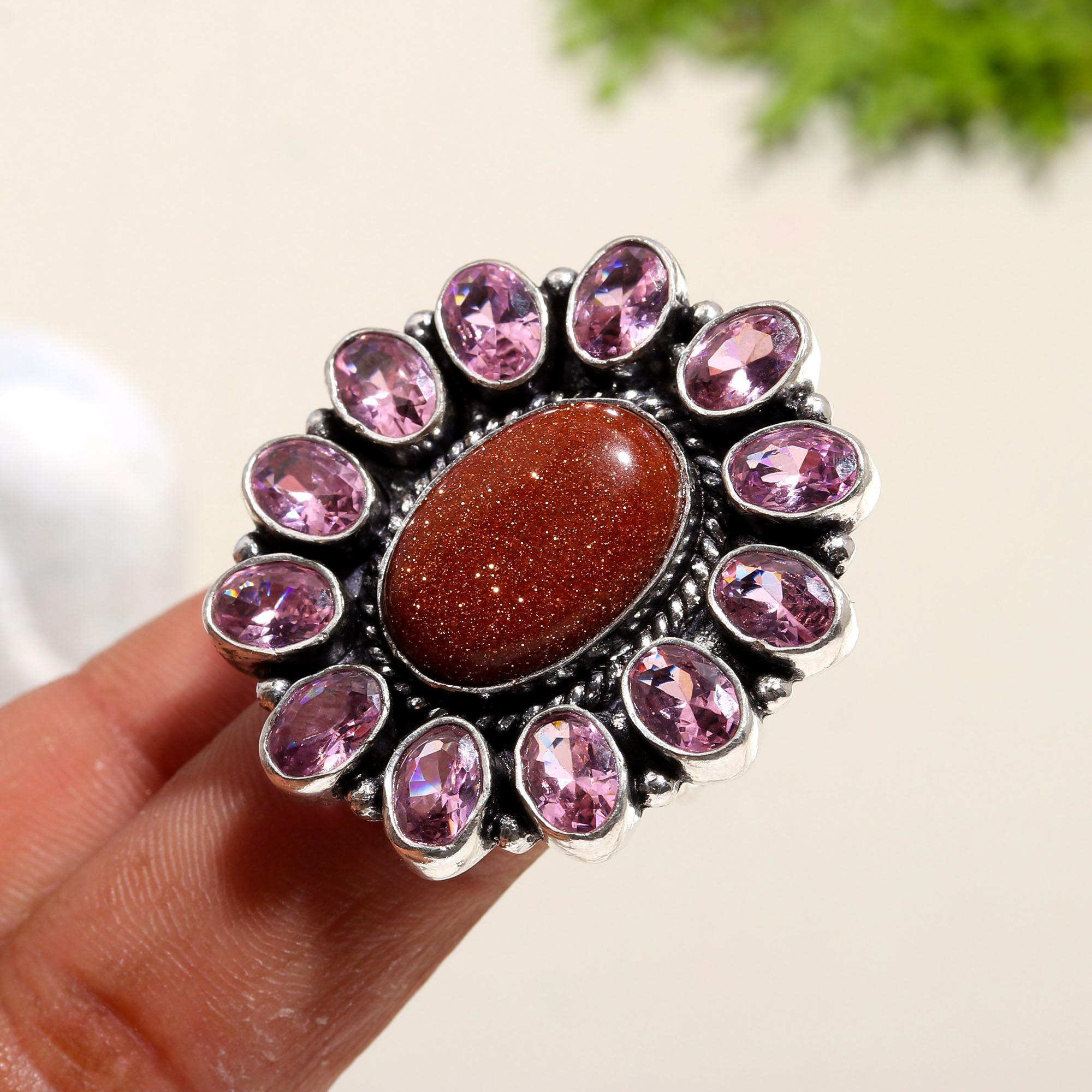 Goldstone & Pink Amethyst Statement Ring – Vintage Boho Silver Jewelry