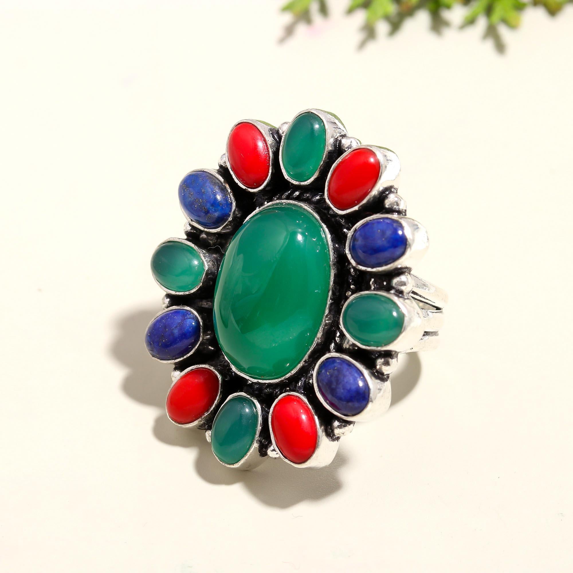 Handcrafted Multistone Silver Ring | Green Onyx, Coral & Lapis Lazuli Jewelry