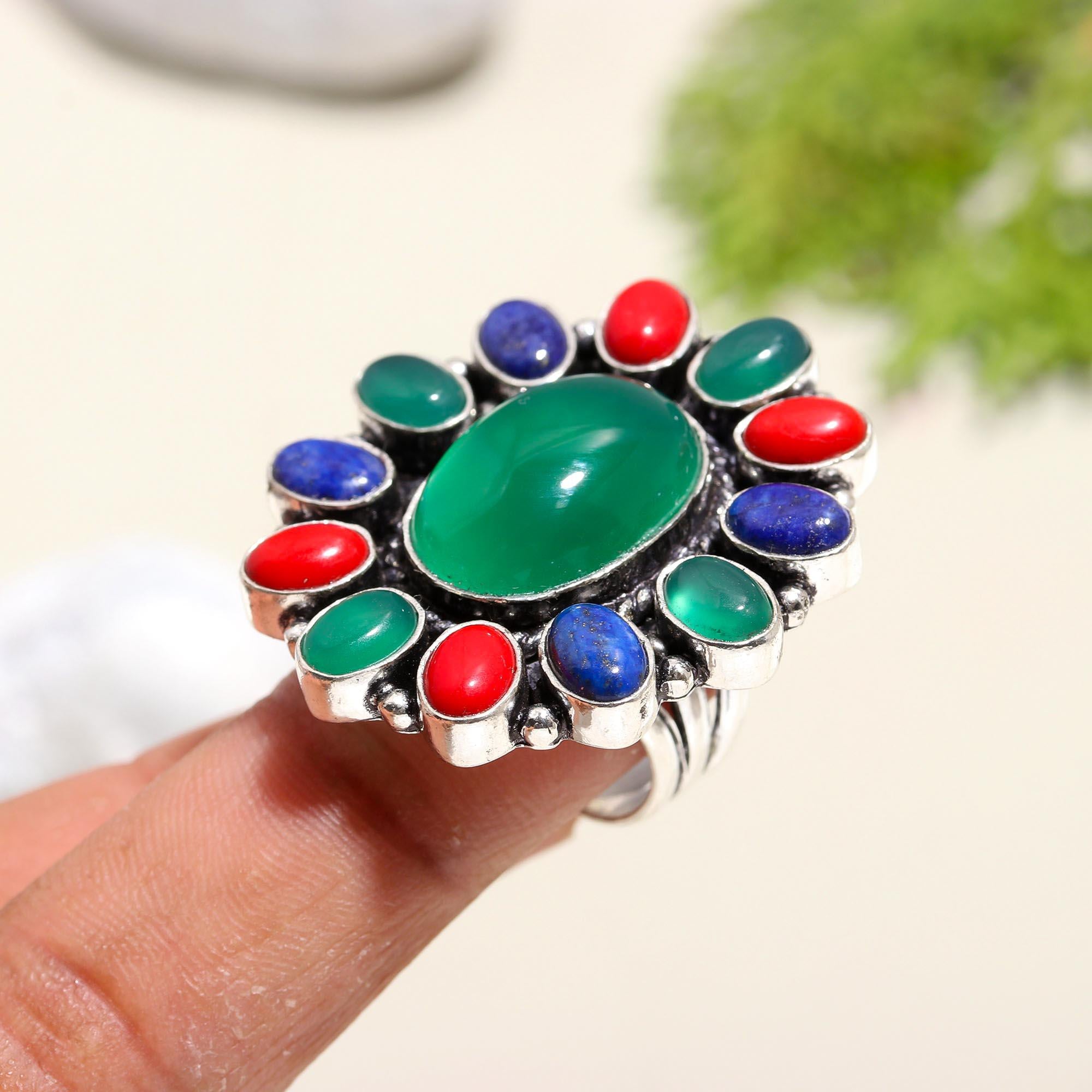 Handcrafted Multistone Silver Ring | Green Onyx, Coral & Lapis Lazuli Jewelry