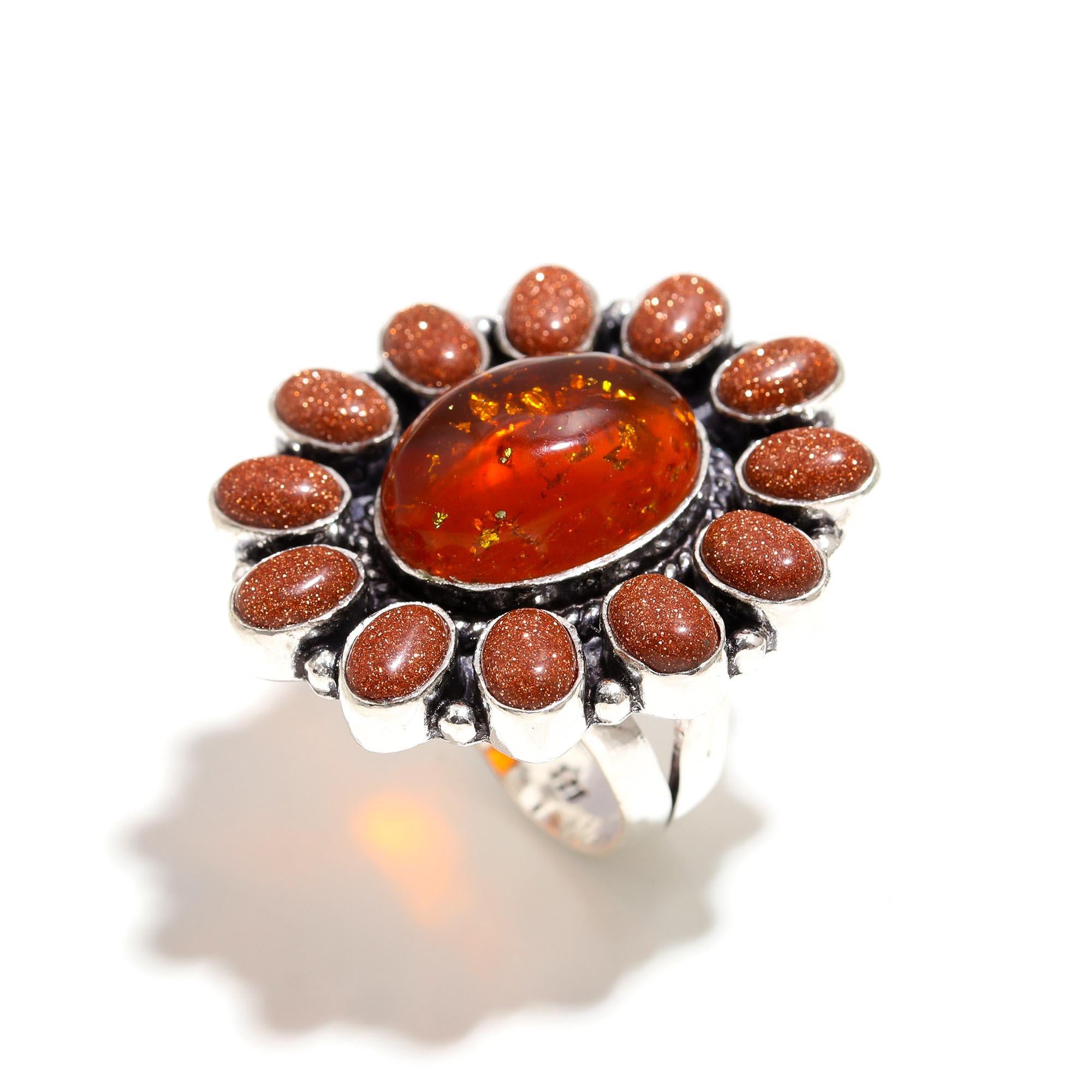 Handcrafted Amber and Goldstone Statement Ring – Boho Chic Silver Jewelry