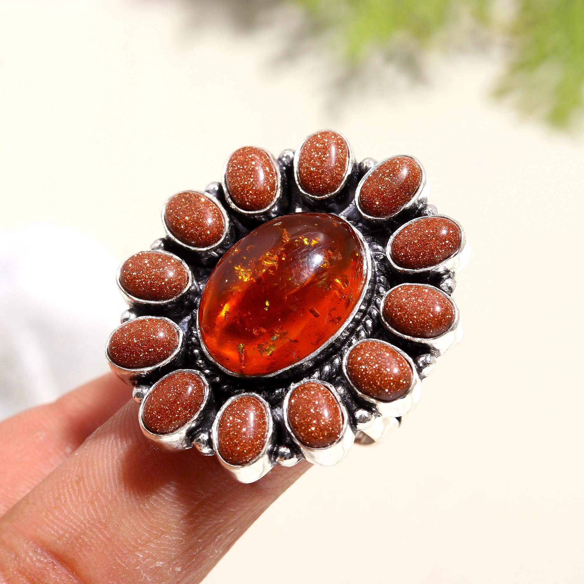 Handcrafted Amber and Goldstone Statement Ring – Boho Chic Silver Jewelry