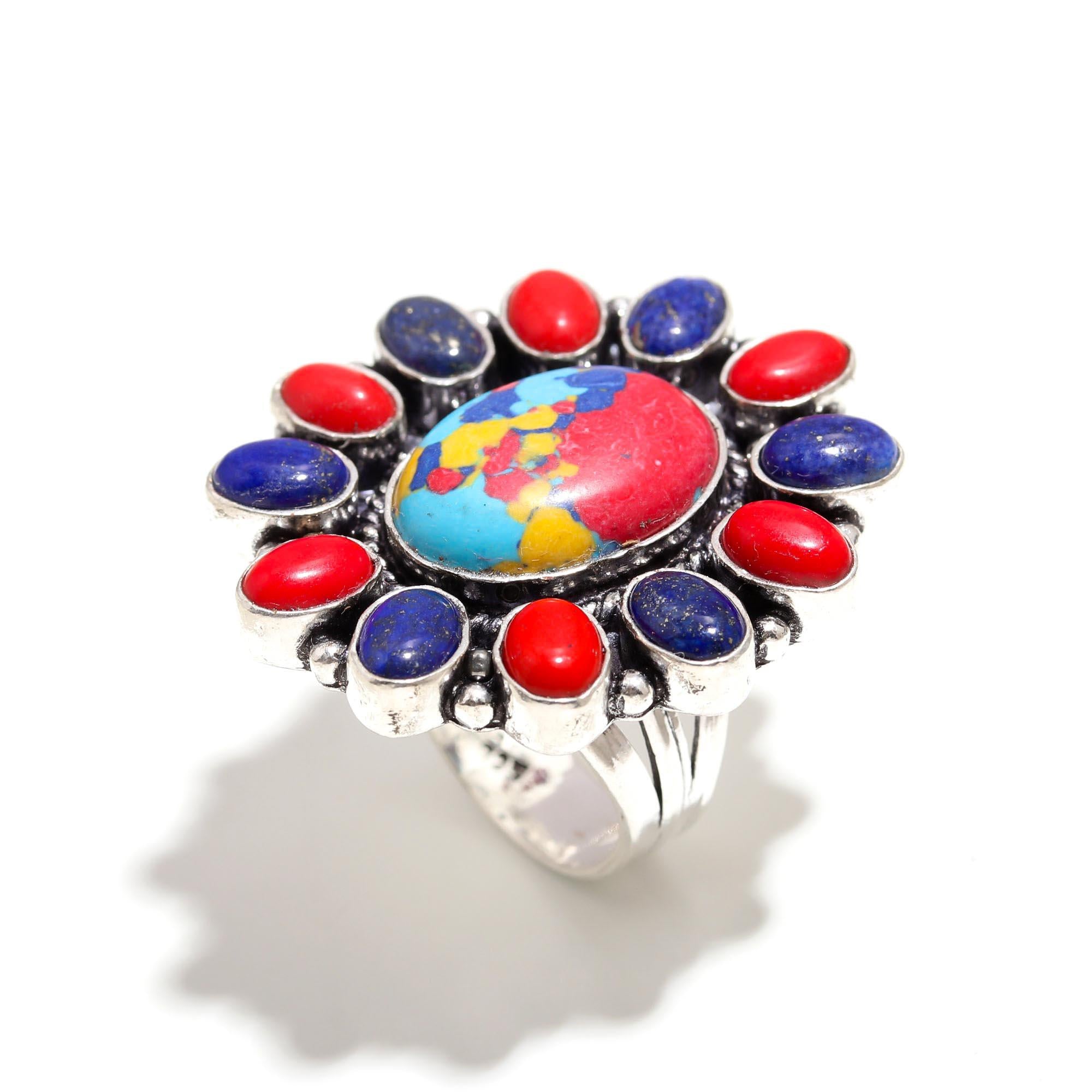 Handcrafted Multicolor Turquoise, Lapis Lazuli & Red Coral Statement Ring