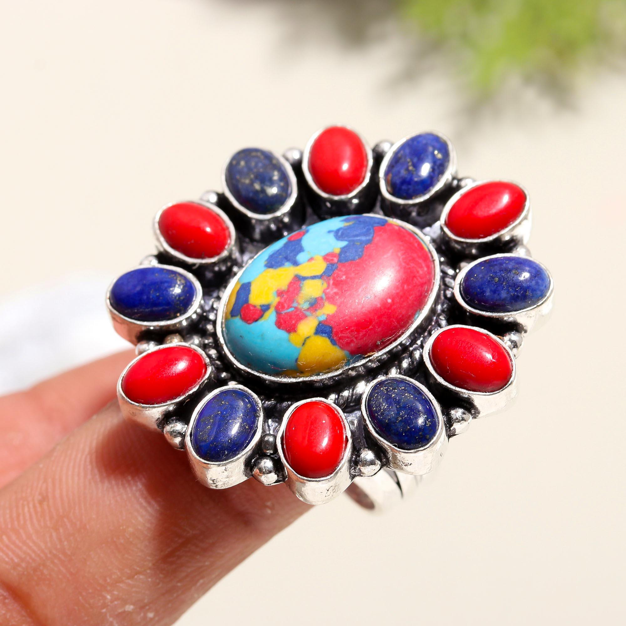 Handcrafted Multicolor Turquoise, Lapis Lazuli & Red Coral Statement Ring