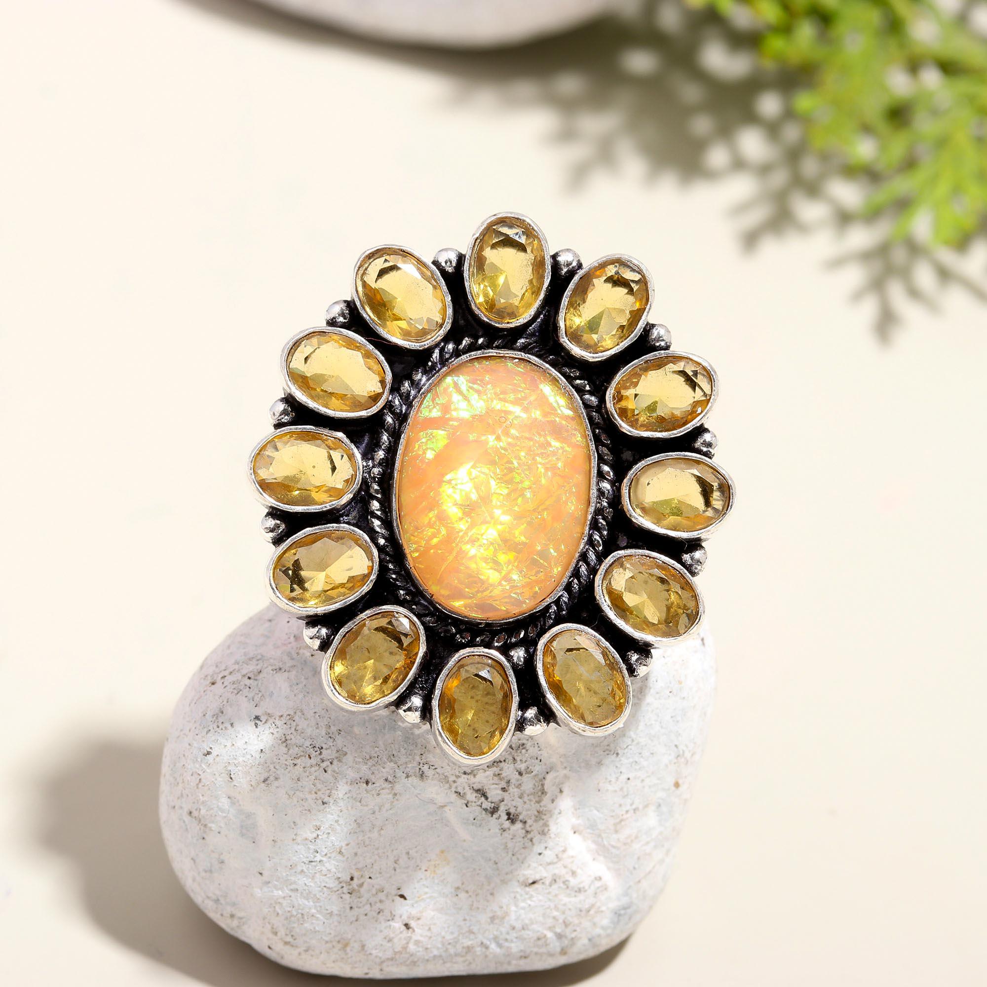 Ethiopian Opal and Citrine Vintage Statement Ring – Bohemian Silver Jewelry