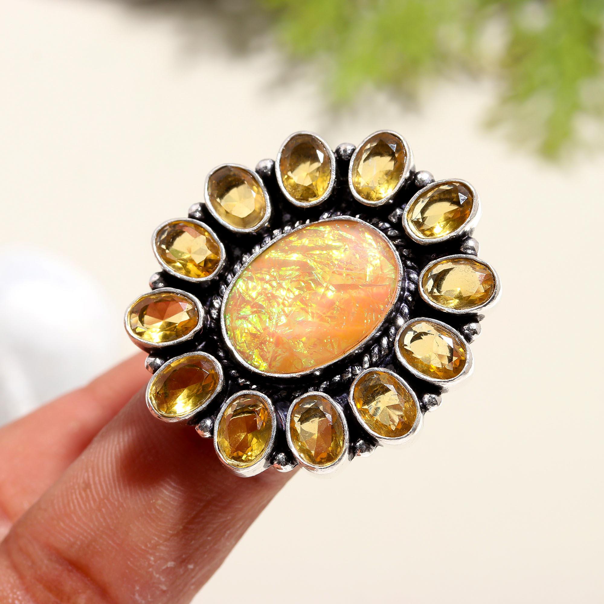 Ethiopian Opal and Citrine Vintage Statement Ring – Bohemian Silver Jewelry